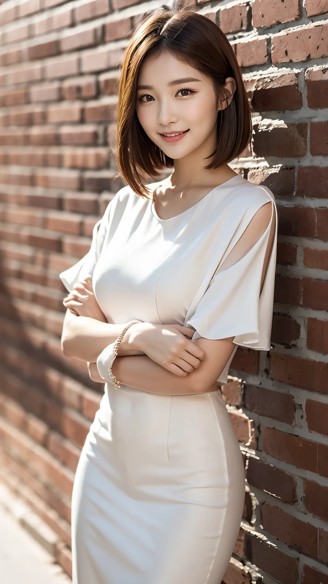 Korean beautiful girl with good style、white and beautiful skin、low length、brown hair、bob cut hair、reddish brown eyes、slanted eyes、thin eyebrows、thick lips、smile、fancy clothes、Fashion Model、brick background、