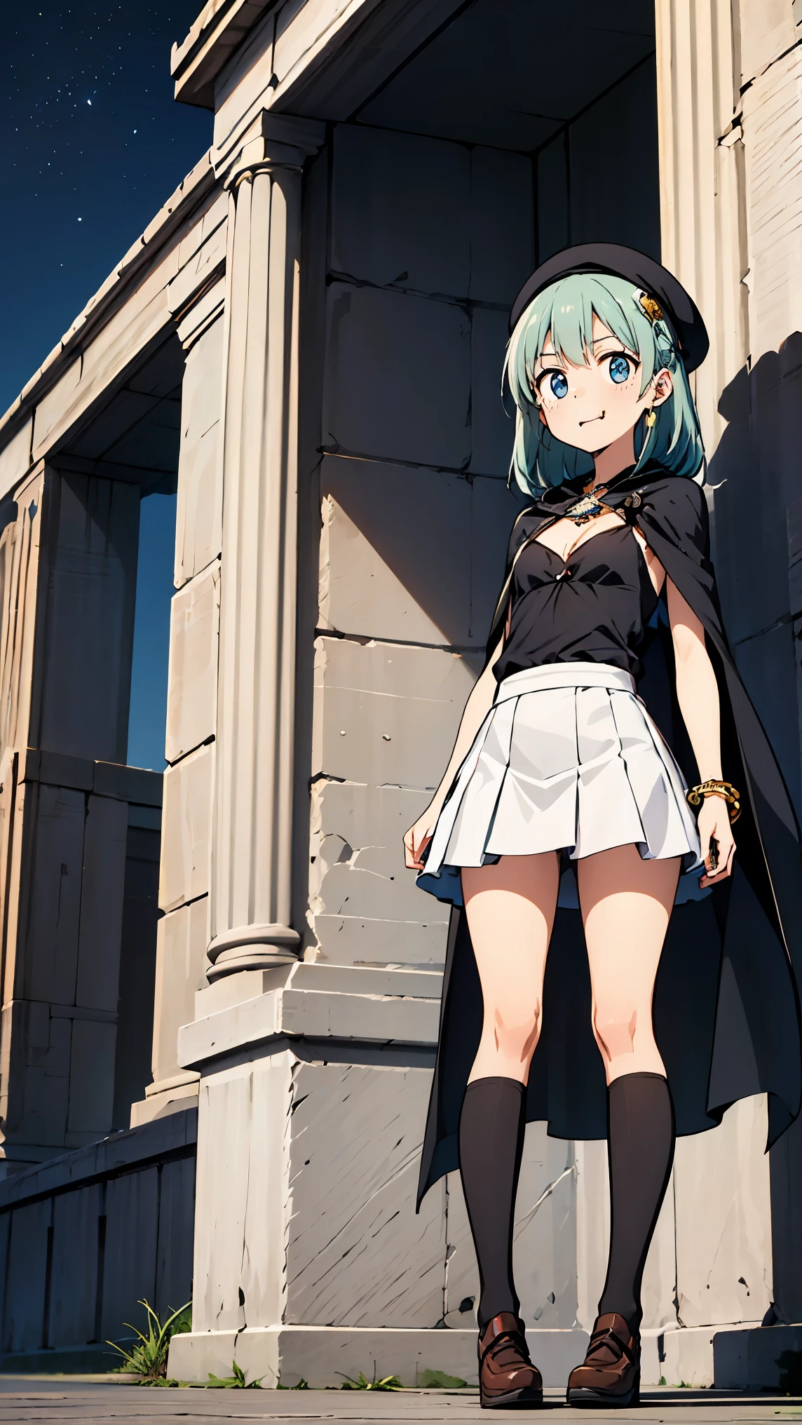 (A masterpiece of the highest quality), very detailed, ultra high resolution, thin line drawing, break, 1 girl, alone, small breasts, cleavage, long hair, Light green hair color, floating hair, blue eyes, Big eyes, droopy eyes, smile,  BREAK white beret, breastplate, mini skirt, bracelet, cape, Star Earrings, break, Learn positively, look up, form above, looking at the viewer, put your hands together in front, clavicle, from below, whole body, outdoors, ancient ruins, sunset, Moonlight night, waving