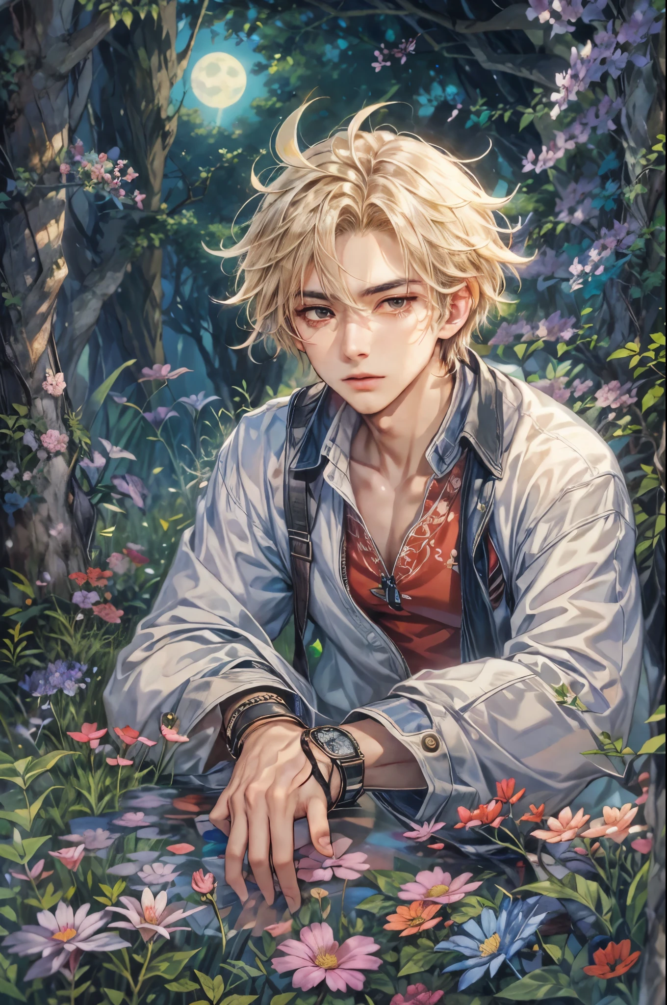 ((Best quality)), ((masterpiece)), (detailed), ((perfect face)), ((halfbody)) Amidst a tranquil slumps, a handsome young character from saga frontier 2, resides in a cozy home, where he channels his creative energy into capturing the enchanting harmony between nature and his inner world. As day turns to night, the moonlight envelops his canvas, revealing a breathtaking masterpiece that embodies the essence of his soul's journey and the beauty he discovers within himself."