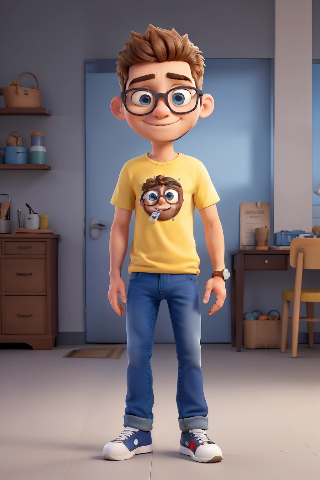 (melhor qualidade,Realista),retratos,alemao,olhos claros,cabelo amarelo,comprimento de cabelo curto,big eyeglasses,Bochechas rechonchudas,um pouco gordinho,jeans azul escuro,camiseta preta,White sneakers,soft lighting,cores vibrantes,modern urban scenery