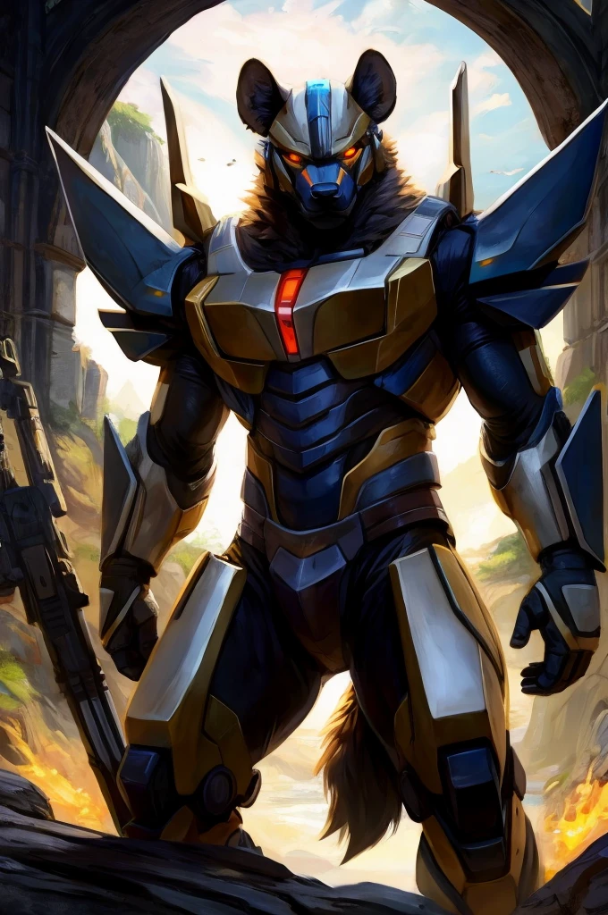 (solo:1.4), wide  view, low angle, by Pino Daeni, by Ruan Jia, by Shiitakemeshi, by Alayna Lemmer, by Carlo Galli Bibiena, (handsome , strong, male anthro furry hyena,  fluffy, detailed fur, detailed face,mecha fighter:1.3), (detailed expressive face, big glowing eyes:1.1), dynamic standing pose, cinematic lighting ,(universe), glowing, armor, , mecha, large blades,  hi res, masterpiece, sci-fi,  low key light,  