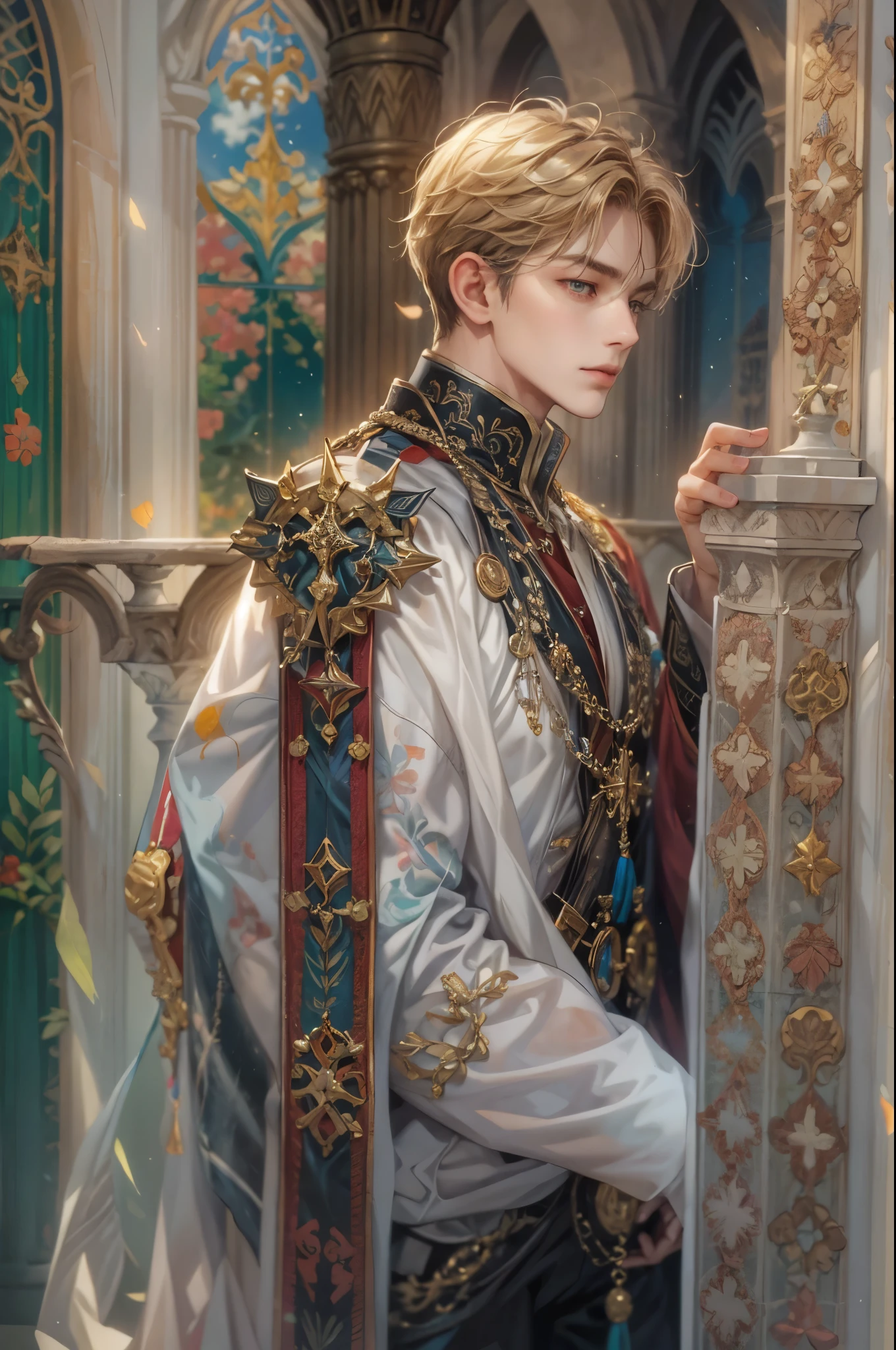 ((Best quality)), ((masterpiece)), (detailed), ((perfect face)), ((halfbody)) "Captivate the View: A Handsome Prince Reflecting on Life's Transitions from His Comfortable Window Perch of the cathedral"