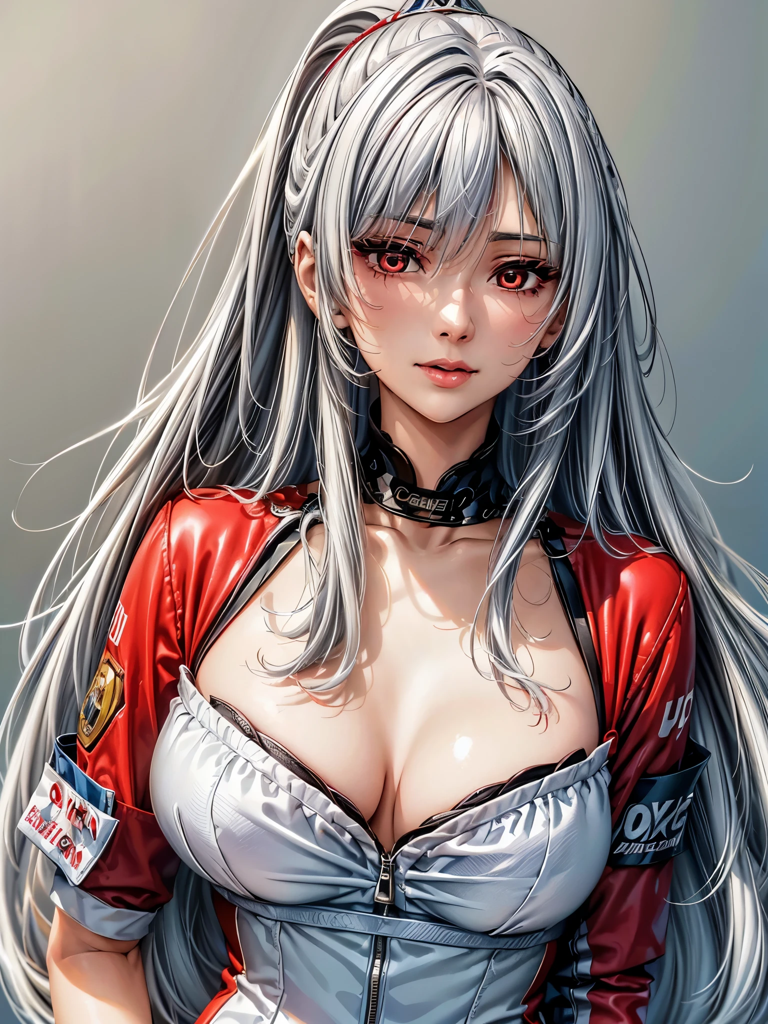(top-quality、tmasterpiece、Very high resolution、super high image quality、High-quality pixels)、perfect eyes, perfect face, solo,8K, large breast,(Detailed description of hair), (Detailed description of face),(Detailed description of body), fair and clear skin, matchless beauty, long legged, (30 years old),facing the audience, professional photographic lighting,detailed light red eyeballs, silver hair,cowboy shot,ponytail,bangs,calm look,race queen outfit,stand by race car,cleavage,smile, (thin lip: 1.2)