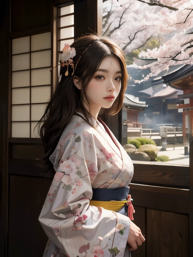 (background:The mountains are full of cherry blossoms,Mountains and fog)((Ukiyo-e))japanese art,or period,tokyo art, lily,Natural landscape.(masseter membrane、top quality、Ukiyo-e style、mystery、Exquisite and beautiful、official art、Sharaku:1.2)、(1 japanese girl in:1.3)、(Fractal art:1.3)、cowboy shooting、White skin、(beautiful brunette、kimono:1.2)、以日本传统表演艺术为background、rich and colorful、(reel、Belongs to Japanese style:1.2)、
