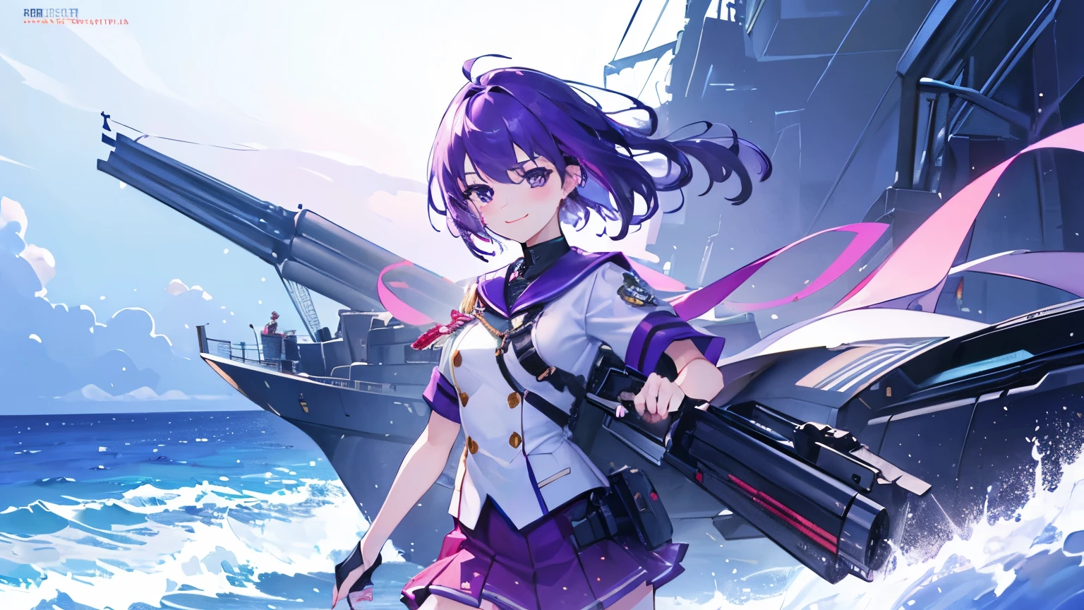 (T Masterpiece,4k wallpaper,best quality))、((girl1people))、(solo)、Shining and vivid,(purple hair)、(shortcut:1.3)、smile、uniform、Ocean、warship