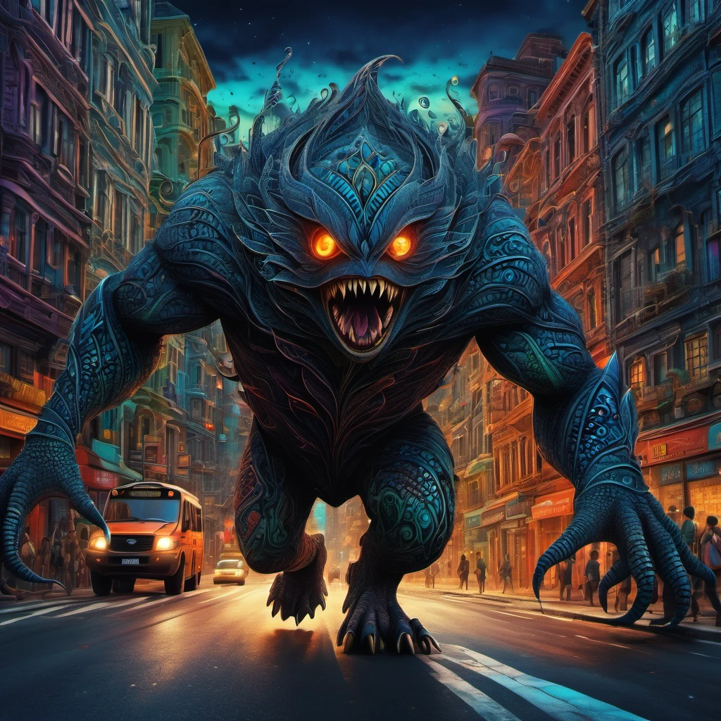 (best quality, highres, ultra sharp), magical ,giant creature of the dark, extreme bigger than buildings, breaking buildings and cars, in the street next a city, zentangle, full colored, 3d crunch, realistic feeling, terrorific scene, people running, panic, cars, buses, dark tones,
