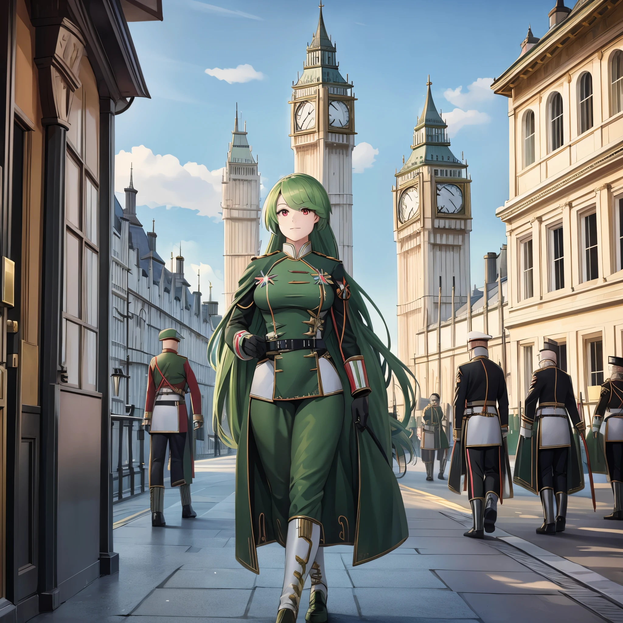 A woman wearing green military clothing with gold details, long green hair, red eyes, walking in a city of London with the Big Ben Tower in the background, several Royal Guard soldiers in the background marching, decorations everywhere
