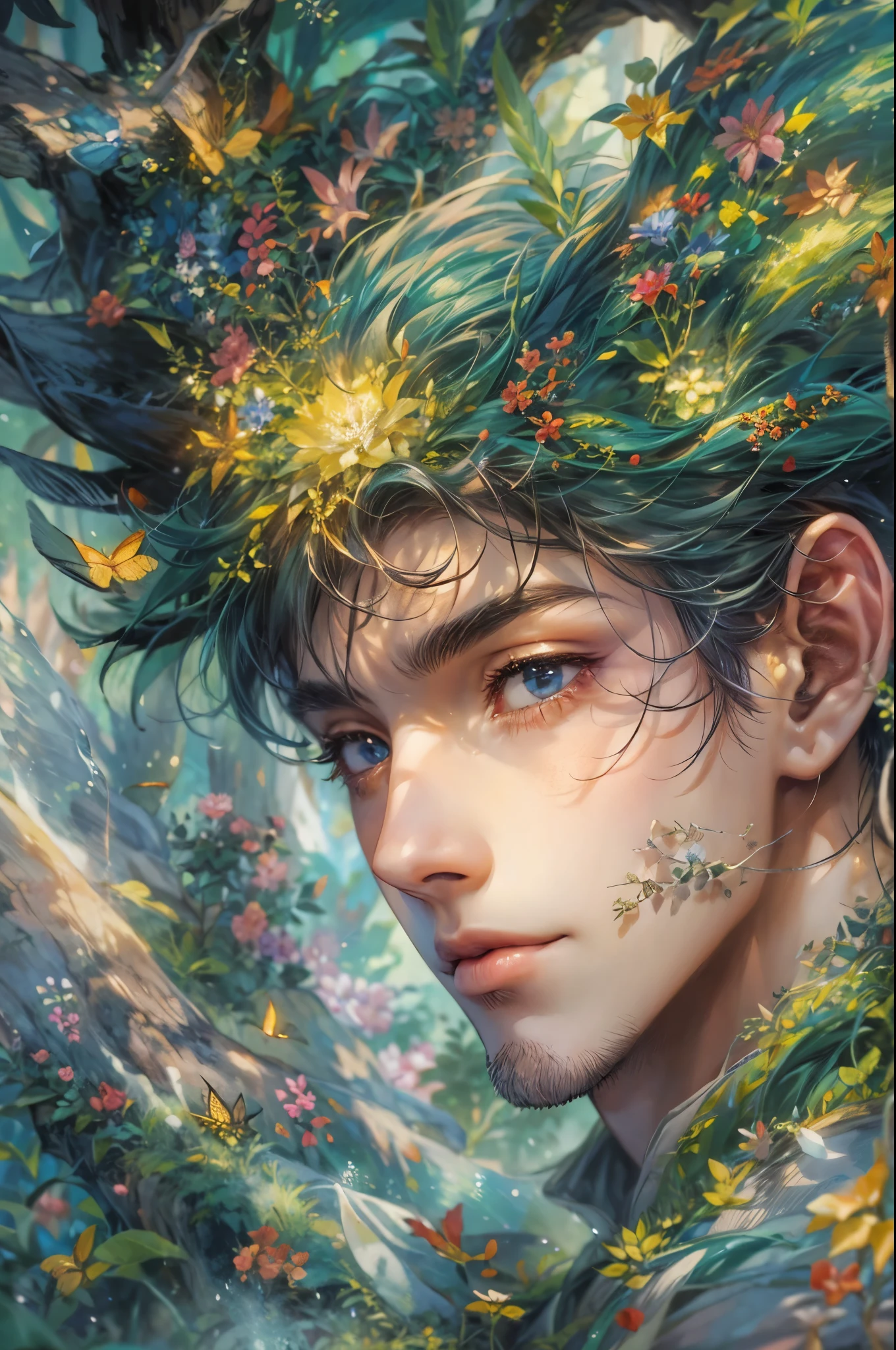 ((Best quality)), ((masterpiece)), (detailed), ((perfect face)), ((halfbody)) Amidst a tranquil slumps, a handsome young character from saga frontier 2, resides in a cozy home, where he channels his creative energy into capturing the enchanting harmony between nature and his inner world. As day turns to night, the moonlight envelops his canvas, revealing a breathtaking masterpiece that embodies the essence of his soul's journey and the beauty he discovers within himself."