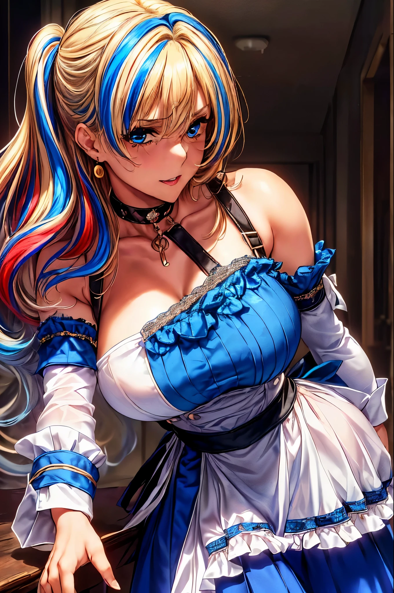 solo，human, navel, （masterpiece, best quality), (1girl, mature female, milf, motherly, serval landau, midlle-sized breasts, narrow waist, blonde hair, blue hair, multicolored hair, blue eyes, bangs, hair between eyes, streaked hair:1.4), (maid costume，maid hair band，black pantyhose, blue dress, earrings, choker, thighhighs, navel, skirt, detached sleeves），perfect face，perfect body，clear and detailed face, multicolored hair, blue eyeball, long blonde hair, maid style costume, choker, ssmile