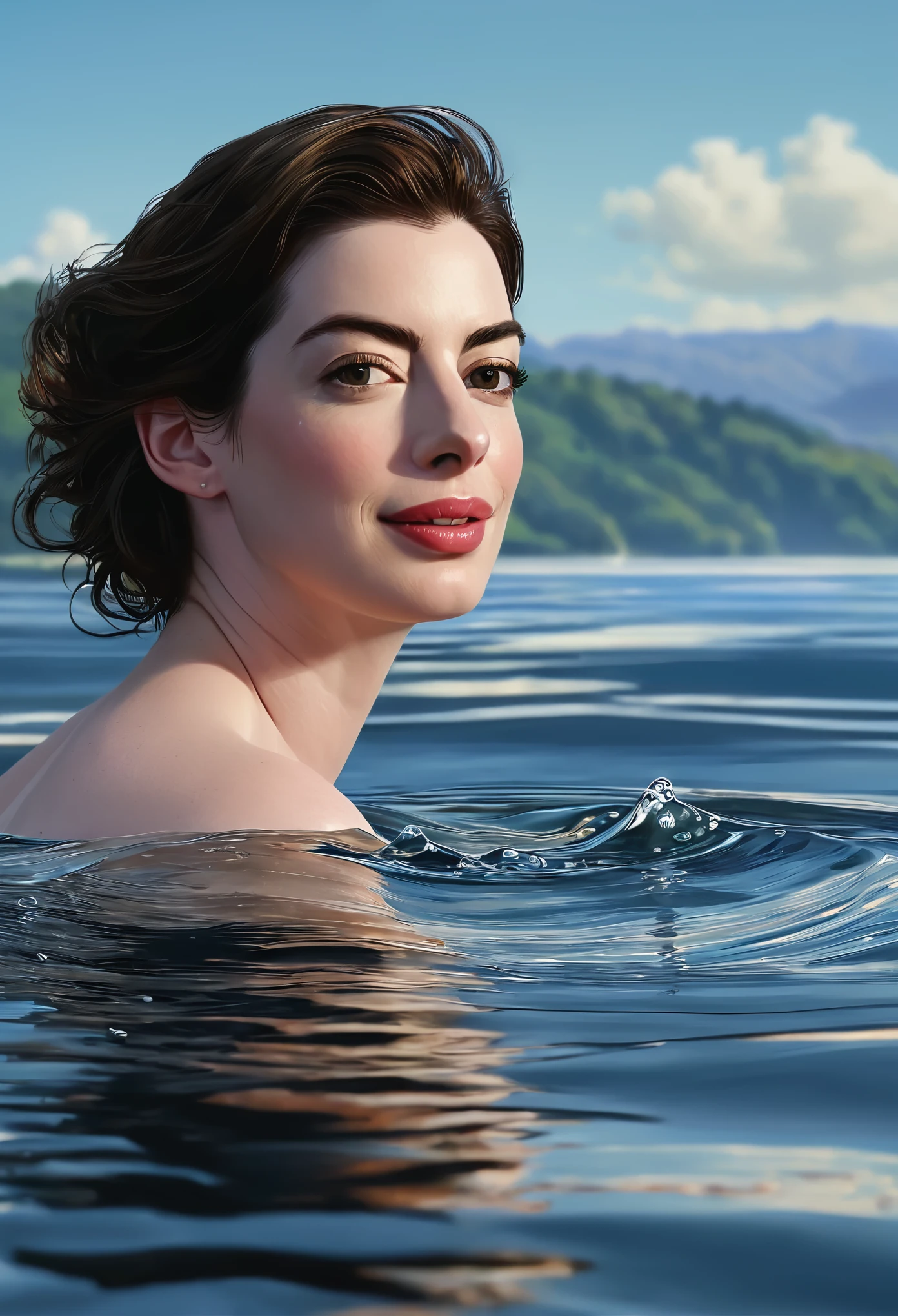 1 garota "Anne Hathaway nua", numa paisagem, water, (papel de parede 8k de unidde CG extremamente detalhado), obras de arte mais bonitas do mundo, professional majestic oil painting, intrincada, alto detalhe, sharp focus, dramatic and photorealistic painting art