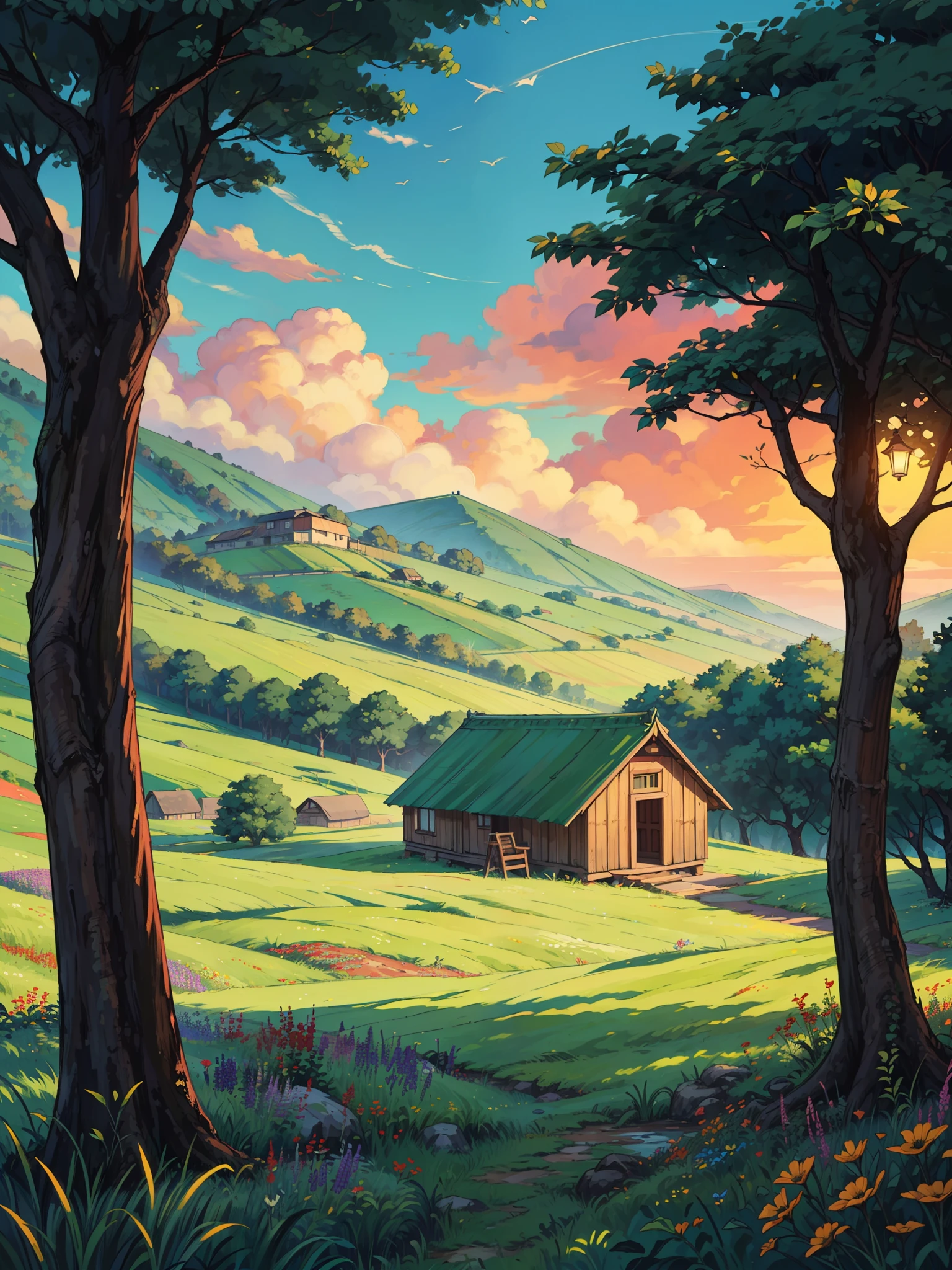 (masterpiece:1), (full view:1.5), (an old hut in the green fields with long grass:1.6), (sunset ambience:1.3), silence, (colorful wildflowers flowing with wind:1.4), magnificent sky, (Dim volumetric light:1.4), peaceful, (beautiful sky), (a big banyan tree providing shade to hut:1.4), (ghibli environment), beautiful tones, subtle colors, peaceful, (illustration: 1.0), epic composition, realistic lighting, HD details, masterpiece, best quality, ,
