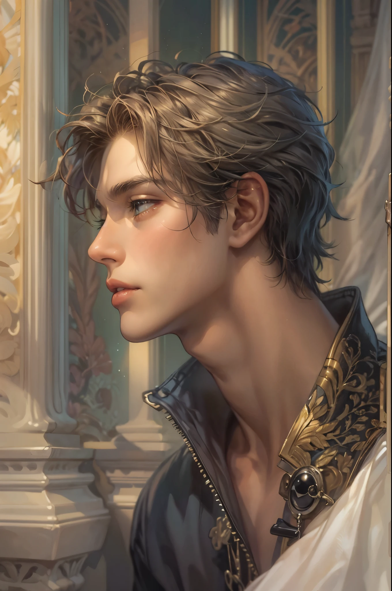 ((Best quality)), ((masterpiece)), (detailed), ((perfect face)), ((halfbody)) "Captivate the View: A Handsome Prince Reflecting on Life's Transitions from His Comfortable Window Perch of the cathedral"
