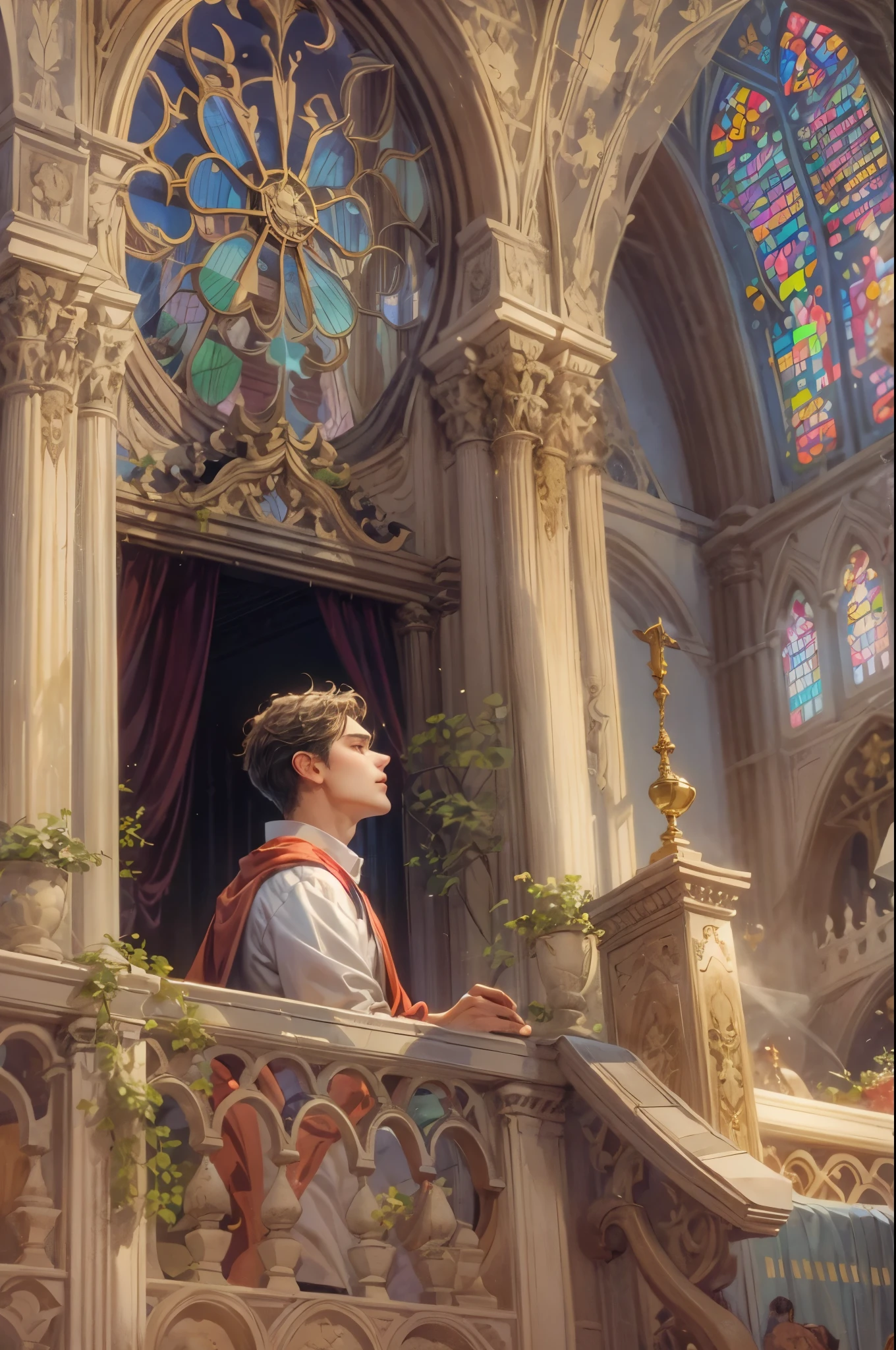((Best quality)), ((masterpiece)), (detailed), ((perfect face)), ((halfbody)) "Captivate the View: A Handsome Prince Reflecting on Life's Transitions from His Comfortable Window Perch of the cathedral"