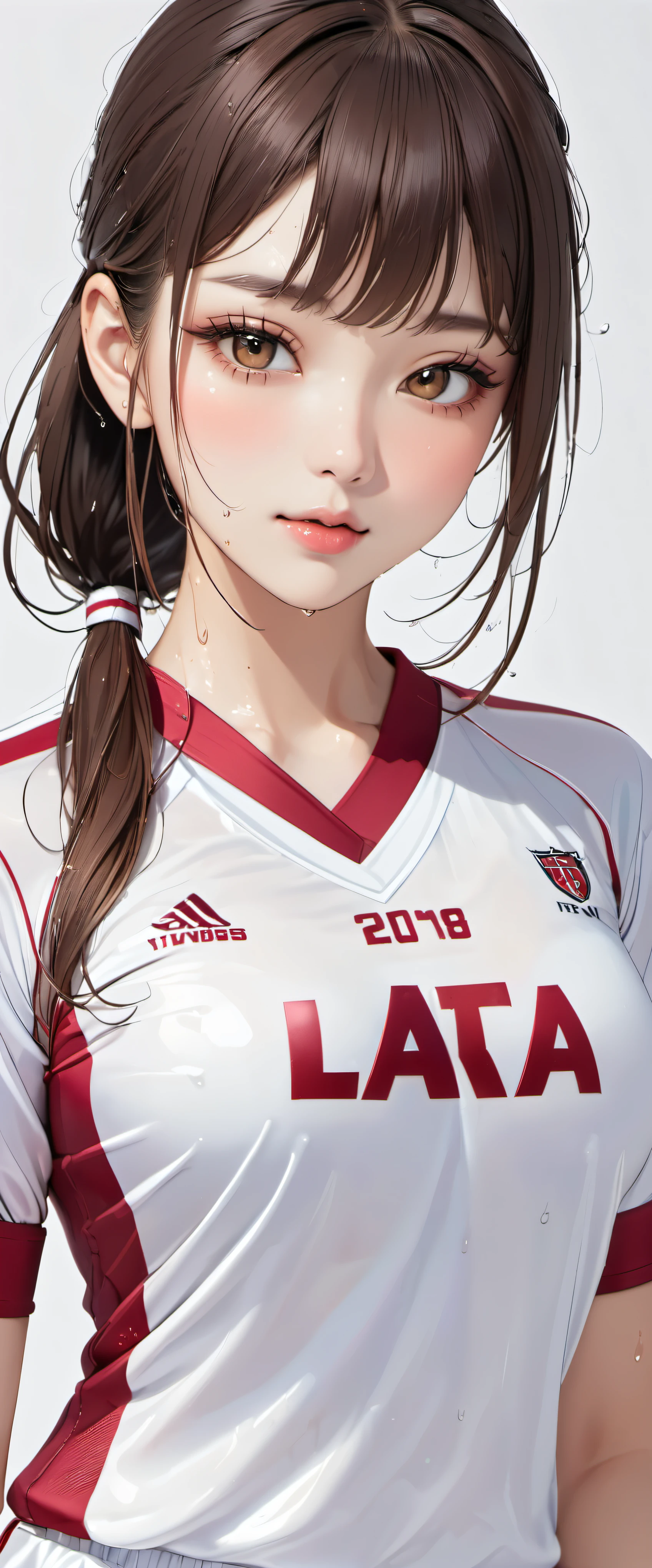 (masterpiece,highest quality,超A high resolution),japanese woman, (((very beautiful 20 year old girl))), pretty girl、look at the photographer､  ((beautiful low ponytail)), super cute face, glossy lips, double eyelids in both eyes,natural smile、 natural makeup, long eyelashes, shiny smooth hair､center image,  perfect limbs, perfect anatomy,(((White Football Uniform))),(wet with sweat),,