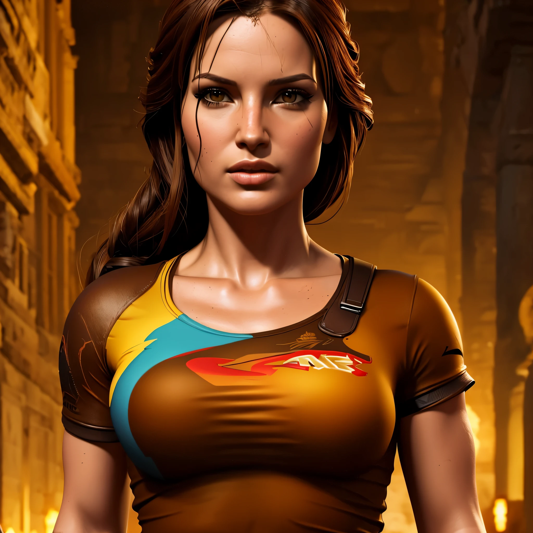 Logotipo da camiseta, splendid painting, Lara Croft, Tomb Raider linda, epic digital art illustration, arte digital detalhada em 4k, high definition art, arte digital de videogame, corpo inteiro, blusa marrom, arte de fundo, an ultra realistic 3D complex graphic, sem texto, pintura, cinematographic, 3d rendering, tipografia, fundo preto 8k, high resolution, arte digital altamente detalhada em 4k
