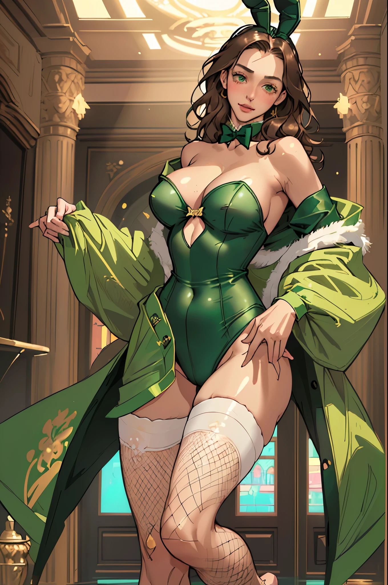(((masterpiece, highest quality, High resolution)))), Highly detailed 8K, (mature woman:1.5) (ultra hd, super detailed, very detailed, very realistic, Super realistic, realistic pictures), (1 girl:1.5), (alone:2), (very cute), (brown hair), (white skin:1.5) long wavy hair, black eye, smile, parted lips, (huge breasts:1.2), Bedroom, sexy pose, cute face, abdomen, clavicle, (green playboy bunny suit, high leg leotard), fascinating look, enchanting eyes, Reminiscent expression, indoor, cowboy shot, from below, off shoulder, bare shoulders, Komertu, put your hands behind your back, (barefoot) (blush:1.3),Fishnet tights