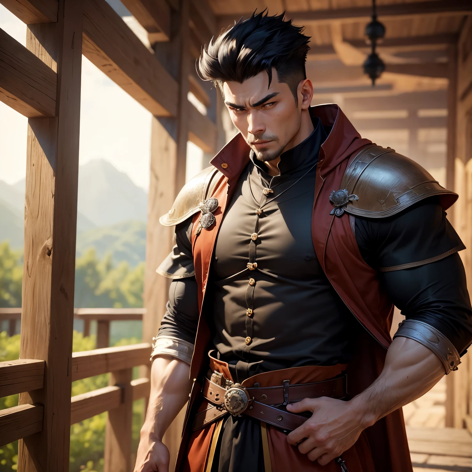 8k, masterpiece, best quality, realistic, higly detailed, cowboy shot, 1boy, solo, Masataka Kiyomizu, relatively tall man, muscular, looks older than his age, scar upon his left eyebrow, black hair that is stylized in a small pompadour, slanted menacing eyes, clothed, medieval, monk, clothed, medieval, monk, clothed, medieval, monk, clothed, medieval, monk,
