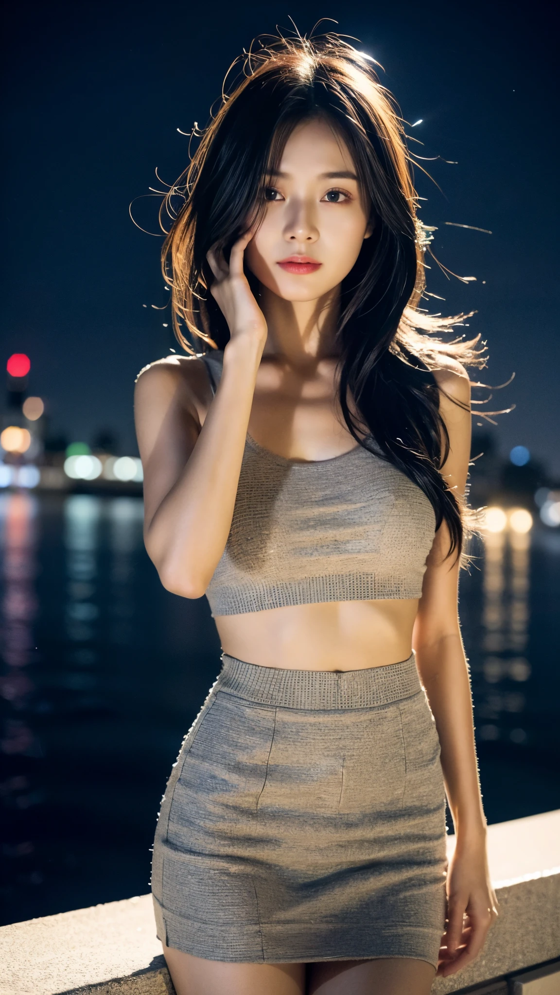 Draw a girl standing by the sea watching the night scene，Japanese girl serious warning、頭上には 💬 吹き出しが浮いている。Cartoon style。randome pose， mix4，（8K， RAW photos， best qualtiy， tmasterpiece：1.2）， （realisticlying， photograph realistic：1.37）， 1girll， adolable， view over city， the night， Sateen， dampness， profesional lighting， photon mapping， radio city， physically-based renderingt， gradient black colour hair， ， whaite hair， Long hair， Handsome， Kizi， short  skirt，Sexy legs， High quality images， A high resolution， 1080p， （Clear face）， （Detailed face description）， （Detailed hand description）， （tmasterpiece）， （exquisite CG）， Extreme light and shadow，messy  hair，The work of the master，rich details​，（Delicate facial features），（highest quality picture），（tmasterpiece），（Detailed eyes），looking ahead with eyes，fine collar bone