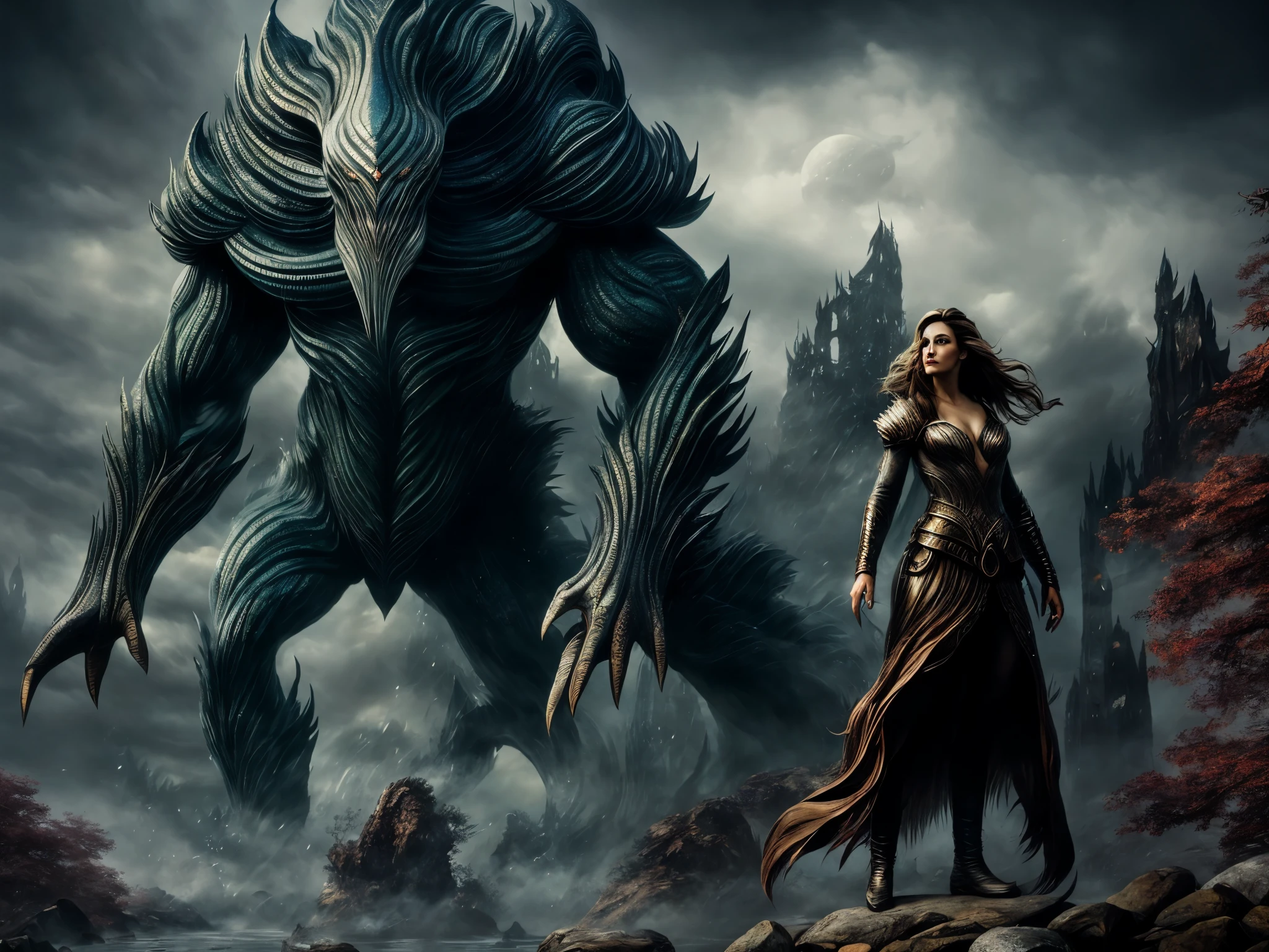 a giant creature towering over a young girl, detailed and stunning eyes, beautiful detailed lips, enormous scale and size, realistic textures and materials, high-res and ultra-detailed, vibrant and vivid colors, surreal lighting and atmosphere, dark and mysterious background, fantasy genre, epic and awe-inspiring, magical and otherworldly, intense and dynamic perspective, perfect composition and balance, masterful brushwork and strokes, expertly crafted and detailed, a masterpiece in contemporary art.