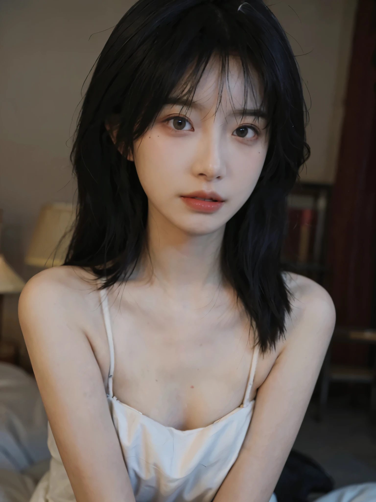 Film portrait photography, 1 girl, bare shoulders, air bangs，Long straight black hair, white wedding dress， (Realistic and detailed eyes, natural skin texture, Realistic facial details), Soft dramatic lighting, depth of field, Bokeh, Vibrant details, Detailed and detailed, surreal, 35mm film, hazy, ,