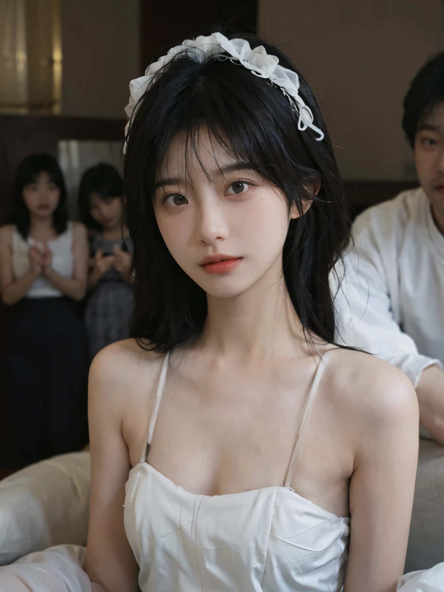 Film portrait photography, 1 girl, bare shoulders, air bangs，Long straight black hair, white wedding dress， (Realistic and detailed eyes, natural skin texture, Realistic facial details), Soft dramatic lighting, depth of field, Bokeh, Vibrant details, Detailed and detailed, surreal, 35mm film, hazy, ,