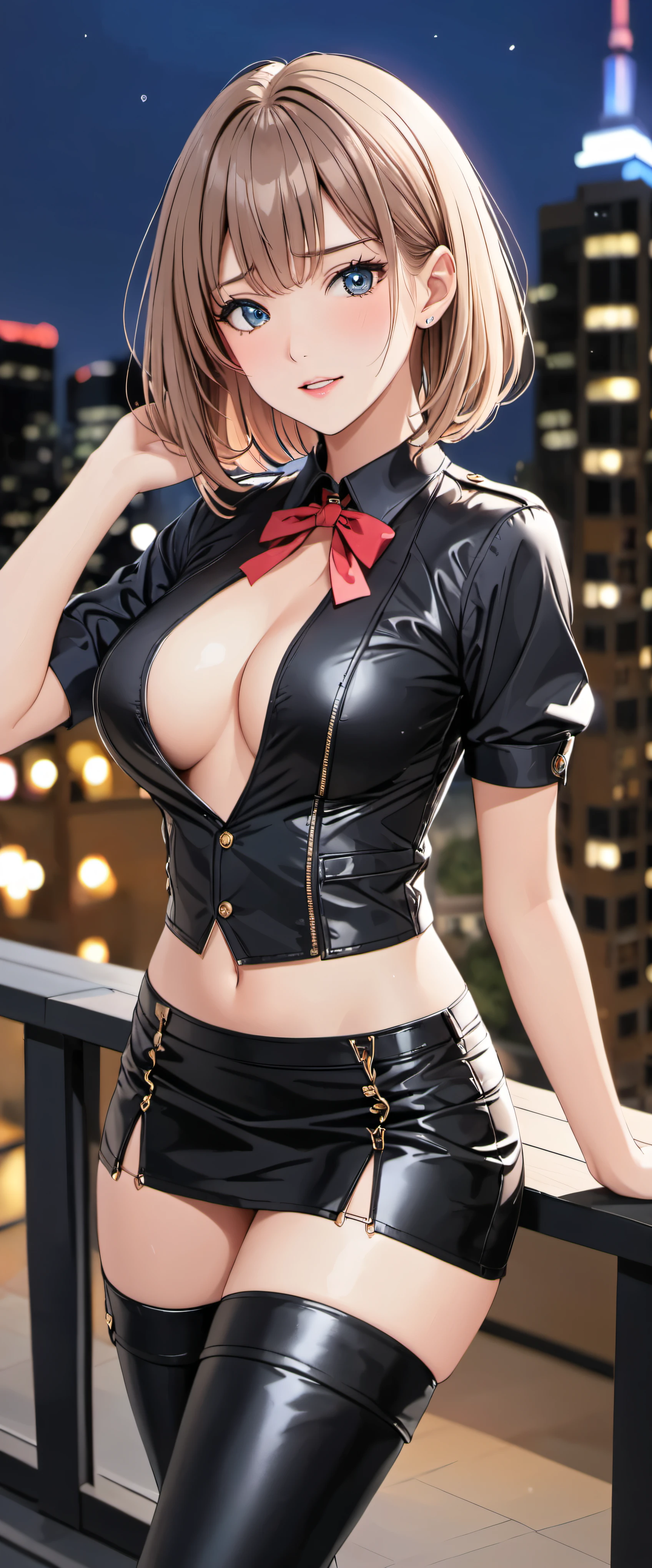 High resolution, adult woman , good lighting, despicable, , (No nudity), (((leather tight mini skirt))), ((tight leather top)), (((leather thigh high boots))), (garter belt), abdomen only, (wet shorts),  ,  cute face, I&#39;Iは恥ずかしくて赤面します, humiliating, ((spread one&#39;s legitimacy))(T-back)night、city