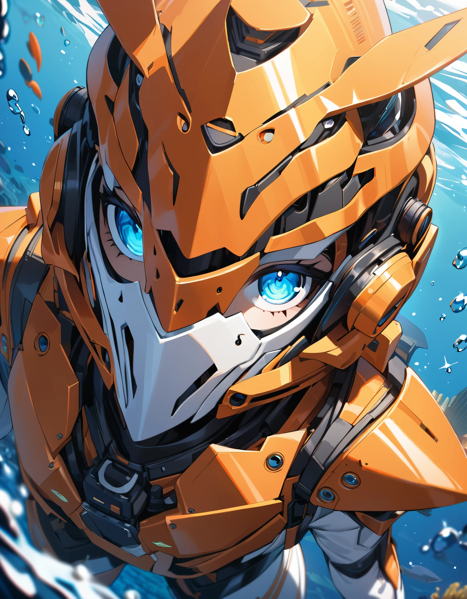 1girl,solo,Sala,original,full face helmet,orange heavy armor,white body suit,diving sea,ocean floor background,looking at another,depth of field,Science fiction,ultra-detailed,sharp focus,(best quality)