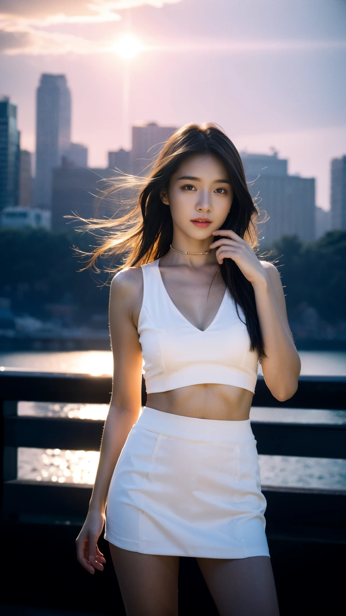 Draw a girl standing by the sea watching the night scene,Japanese girl serious warning、頭上には 💬 吹き出しが浮いている。Cartoon style。randome pose, mix4,(8K, RAW photos, best qualtiy, tmasterpiece:1.2), (realisticlying, photograph realistic:1.37), 1girll, adolable, view over city, the night, Sateen, dampness, profesional lighting, photon mapping, radio city, physically-based renderingt, gradient black colour hair, , whaite hair, Long hair, Handsome, Kizi, short skirt,Sexy legs, High quality images, A high resolution, 1080p, (Clear face), (Detailed face description), (Detailed hand description), (tmasterpiece), (exquisite CG), Extreme light and shadow,messy hair,The work of the master,rich details,(Delicate facial features),(highest quality picture),(tmasterpiece),(Detailed eyes),looking ahead with eyes,fine collar bone