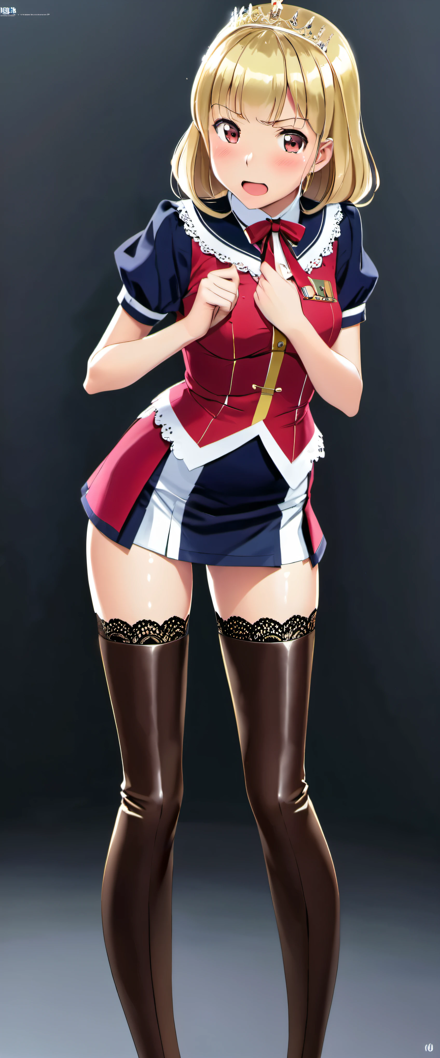 High resolution, adult woman , good lighting, despicable, , (No nudity), (((Shiny navel lace queen uniform))), (()), (((leather thigh high boots))), (garter belt), abdomen only, (wet shorts), , cute face, I'Iは恥ずかしくて赤面します, humiliating, ((look back)), ((mini skirt))(Racecourse)(T-back)