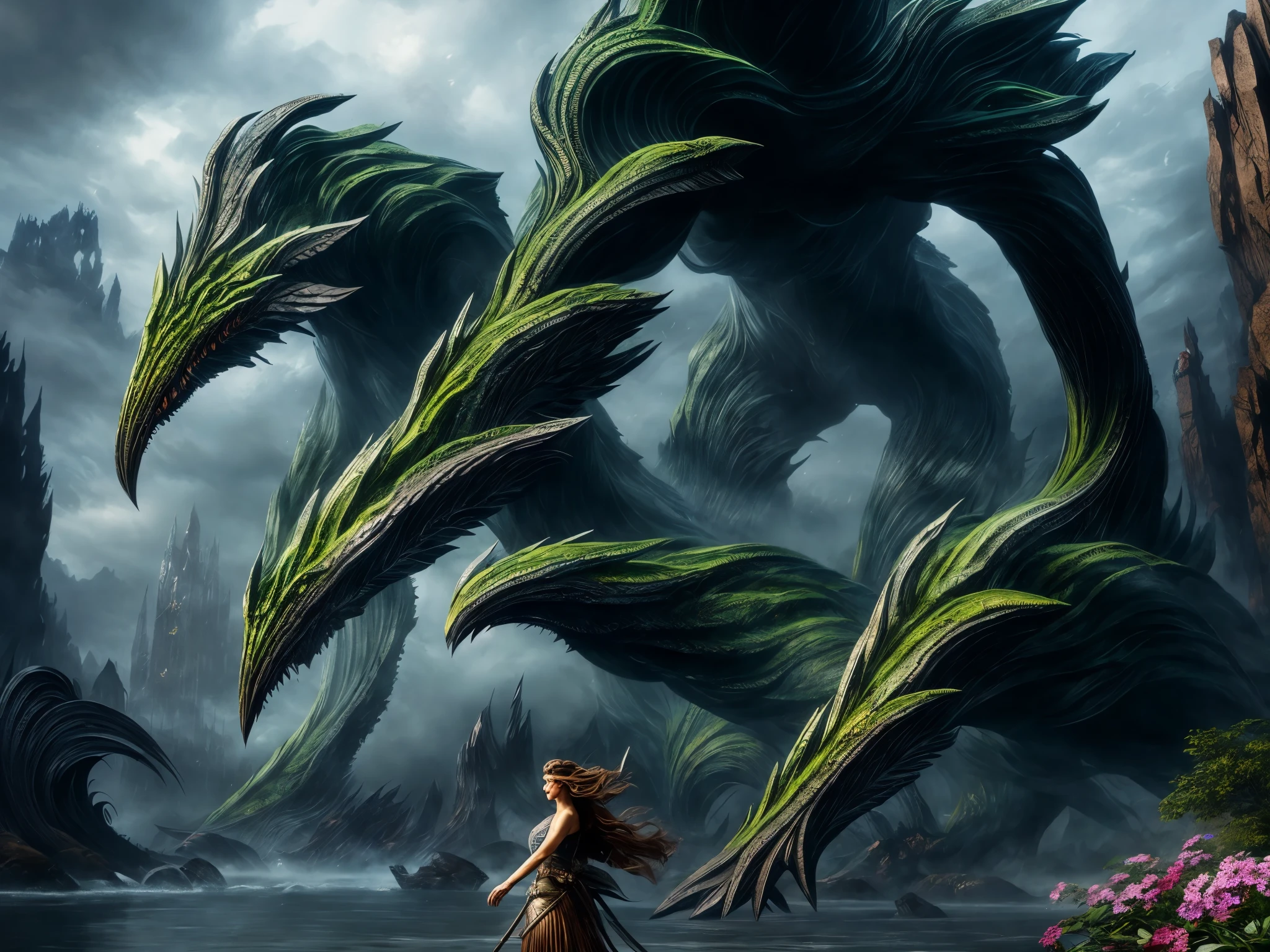 a giant creature towering over a young girl, detailed and stunning eyes, beautiful detailed lips, enormous scale and size, realistic textures and materials, high-res and ultra-detailed, vibrant and vivid colors, surreal lighting and atmosphere, dark and mysterious background, fantasy genre, epic and awe-inspiring, magical and otherworldly, intense and dynamic perspective, perfect composition and balance, masterful brushwork and strokes, expertly crafted and detailed, a masterpiece in contemporary art.