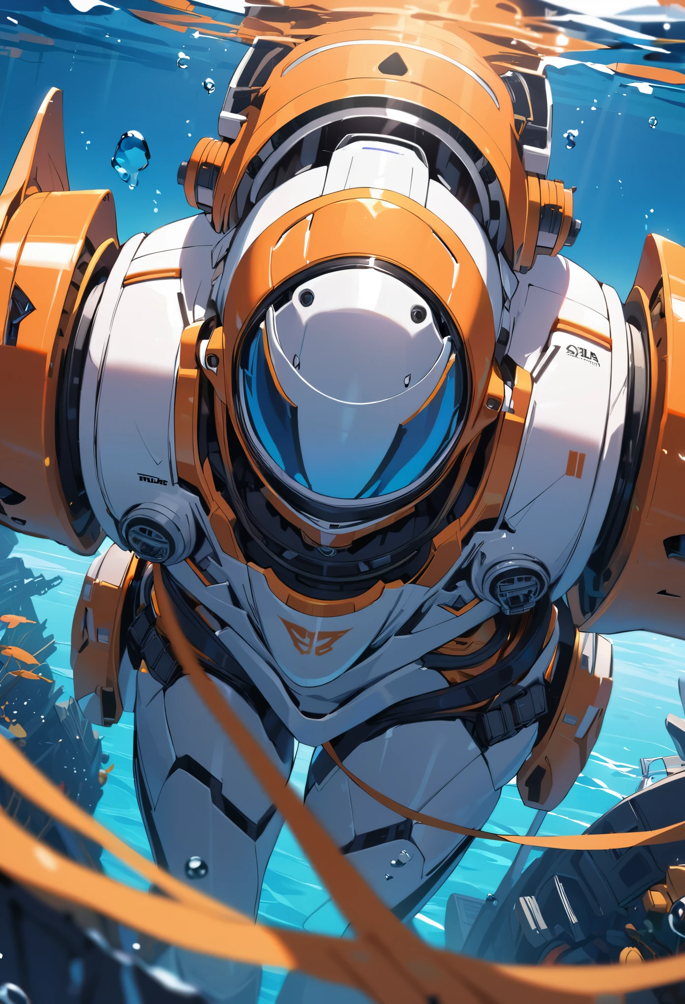 1girl,solo,Sala,original,full face helmet,face visible through helmet ,green eyes,orange heavy armor,white body suit,standing on the cliff,seaside background,looking at anther,depth of field,Science fiction,ultra-detailed,sharp focus,(best quality)