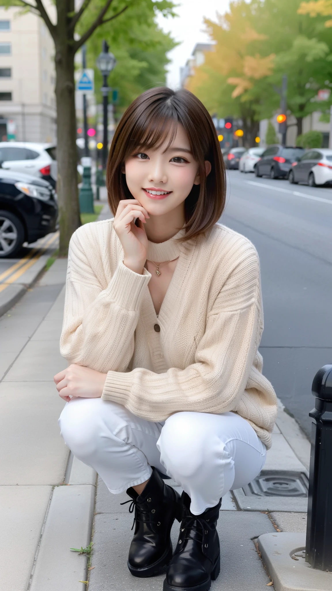 Photo taken by a professional photographer，laughter:1.5，Close-up of a woman squatting on the sidewalk, wearing a sweater, short cut brown hair, hair is messy，young and cute girl, Wearing a super super super super mini skirt:1.5，Wear stylish boots，sit on a park bench:1.5，Flashy makeup with red eyeshadow，You can see beautiful thighs，I can see white pants，