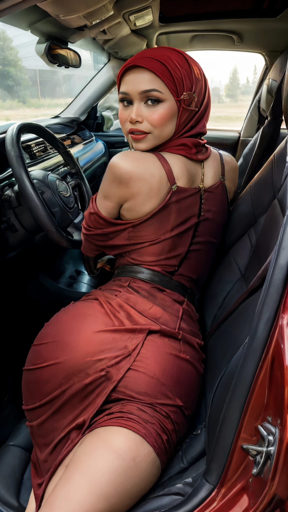 close-up portrait of a beautiful malay woman with red hijab, tiny, small, teen, ((car doggy pose)) in the car, pov from above, back view pose, wearing red dress, tight, pear body shaped, small breast, (backlight), realistic, masterpiece, high quality, lens reflection, shadow, flower, [[chromatic aberration]], by Jeremy Lipking, by Antonio J. Manzanedo,