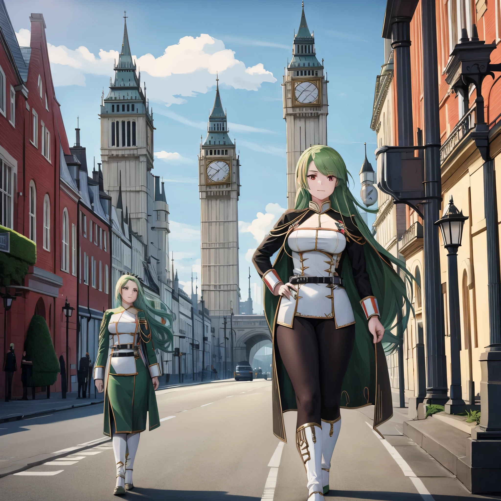 A woman wearing green military clothing with gold details, long green hair, red eyes, walking in a city of London with the Big Ben Tower in the background, several royal guards with red uniforms with gold details in the background marching, decorations everywhere, from day, blue sky
