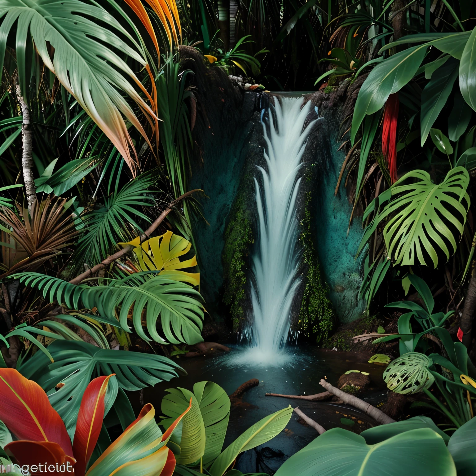Crea una imagen de una cascada oculta en medio de un exuberante bosque tropical, con aves tropicales revoloteando alrededor, agregando un toque de vida y color al paisaje. Enfoca la cascada en el centro de la imagen, capturando su belleza natural y la serenidad del entorno.