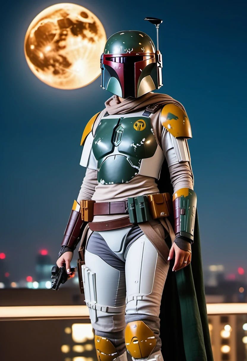 woman Boba Fett as woman version standing on the top of a building looking the camera, twin braids blonde, holding its helmet, full moon at the background, high resolution, high quality, 8k, masterpiece, ultra detailed, realistic,
