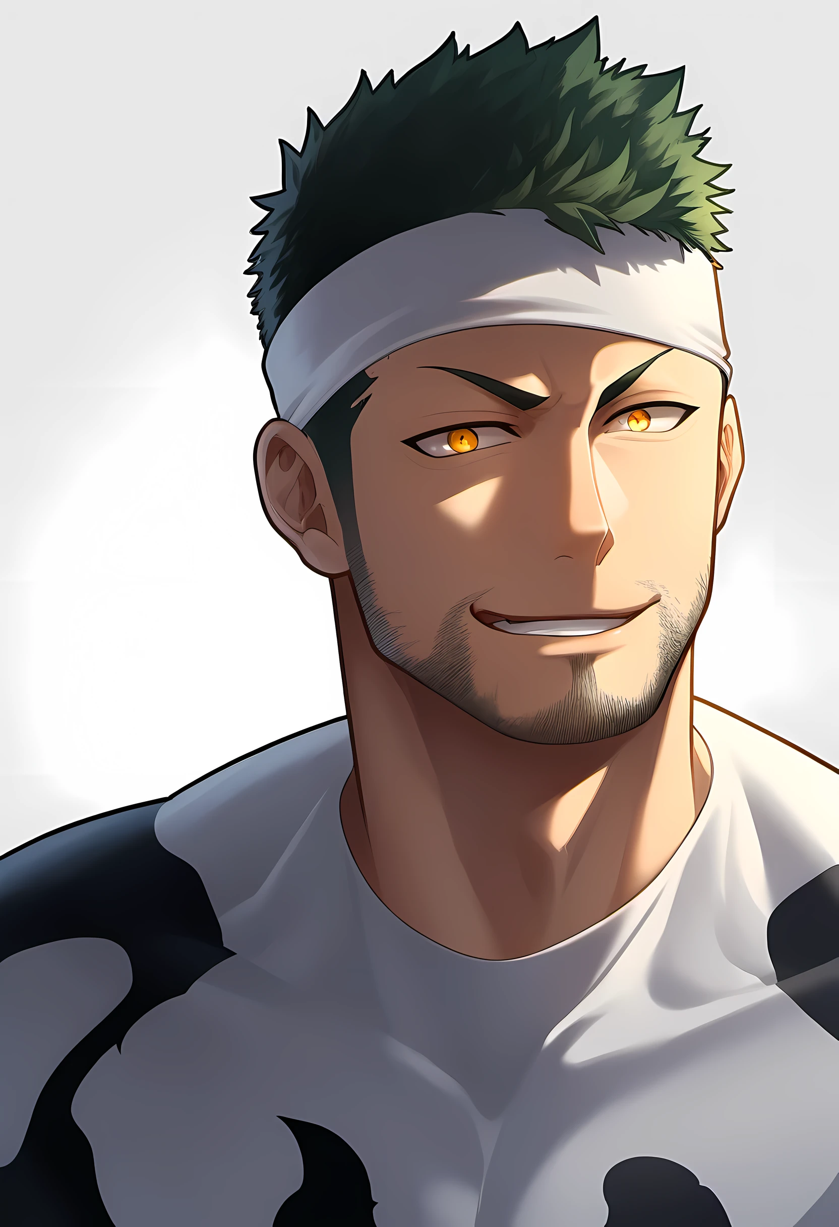 anime characters:Priapus in Venom Tights, black sports headband, 1个年轻的muscular man, male focus, buzz clip, White Venom Skinny Suit, venom logo, muscular man, extra large breasts, only, Upper body, alone, short yellow hair, stubble, yellow eyes, blink, White background, simple background, amazing quality, best aesthetics, Ridiculous, bright pupils, short hair, naughty face, torogao, open lips, best quality