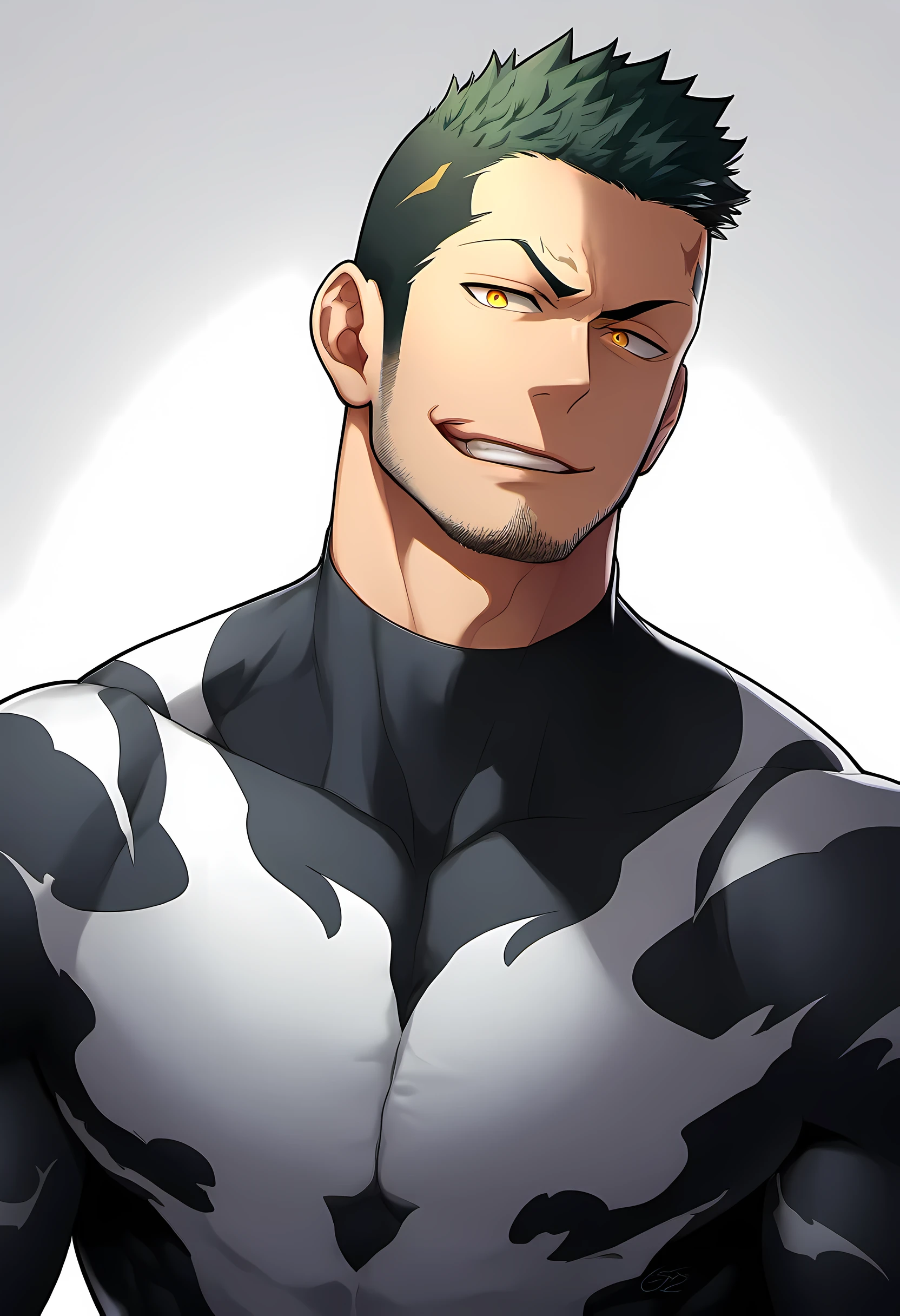 anime characters:Priapus in Venom Tights, black sports headband, 1个年轻的muscular man, male focus, buzz clip, White Venom Skinny Suit, venom logo, muscular man, extra large breasts, only, Upper body, alone, short yellow hair, stubble, yellow eyes, blink, White background, simple background, amazing quality, best aesthetics, Ridiculous, bright pupils, short hair, naughty face, torogao, open lips, best quality