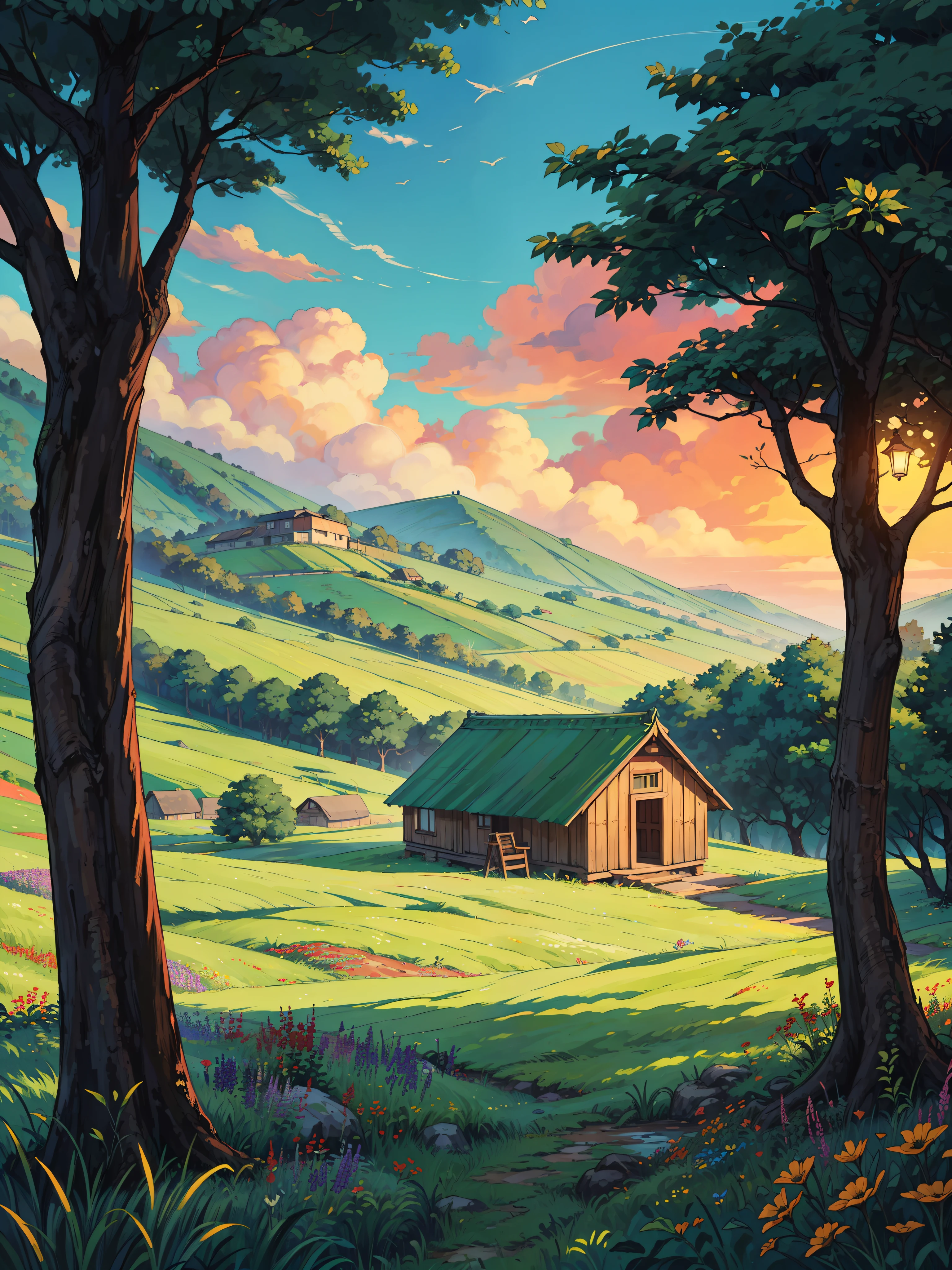 (masterpiece:1), (full view:1.5), (an old hut in the green fields with long grass:1.6), (sunset ambience:1.3), silence, (colorful wildflowers flowing with wind:1.4), magnificent sky, (Dim volumetric light:1.4), peaceful, (beautiful sky), (a big banyan tree providing shade to hut:1.4), (ghibli environment), beautiful tones, subtle colors, peaceful, (illustration: 1.0), epic composition, realistic lighting, HD details, masterpiece, best quality, ,