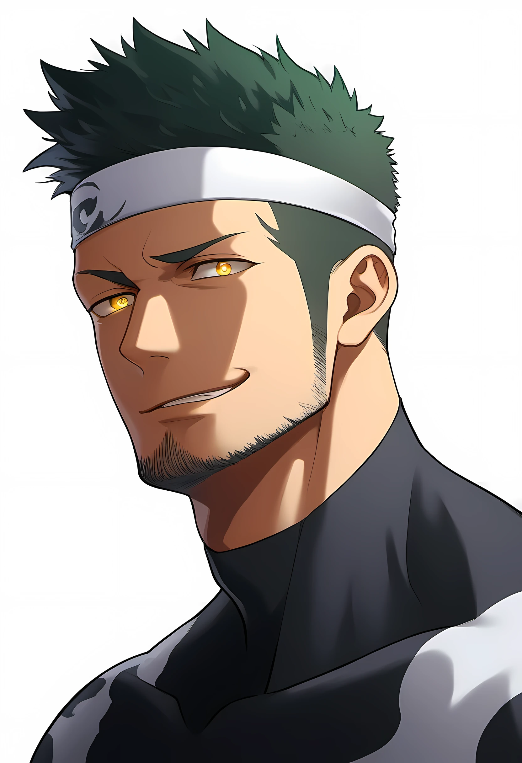 anime characters：Priapus in Venom Tights, black sports headband, 1个年轻的muscular man, male focus, buzz clip, White Venom Skinny Suit, venom logo, muscular man, extra large breasts, only, Upper body, alone, short yellow hair, stubble, yellow eyes, blink, White background, simple background, amazing quality, best aesthetics, Ridiculous, bright pupils, short hair, naughty face, torogao, open lips, best quality