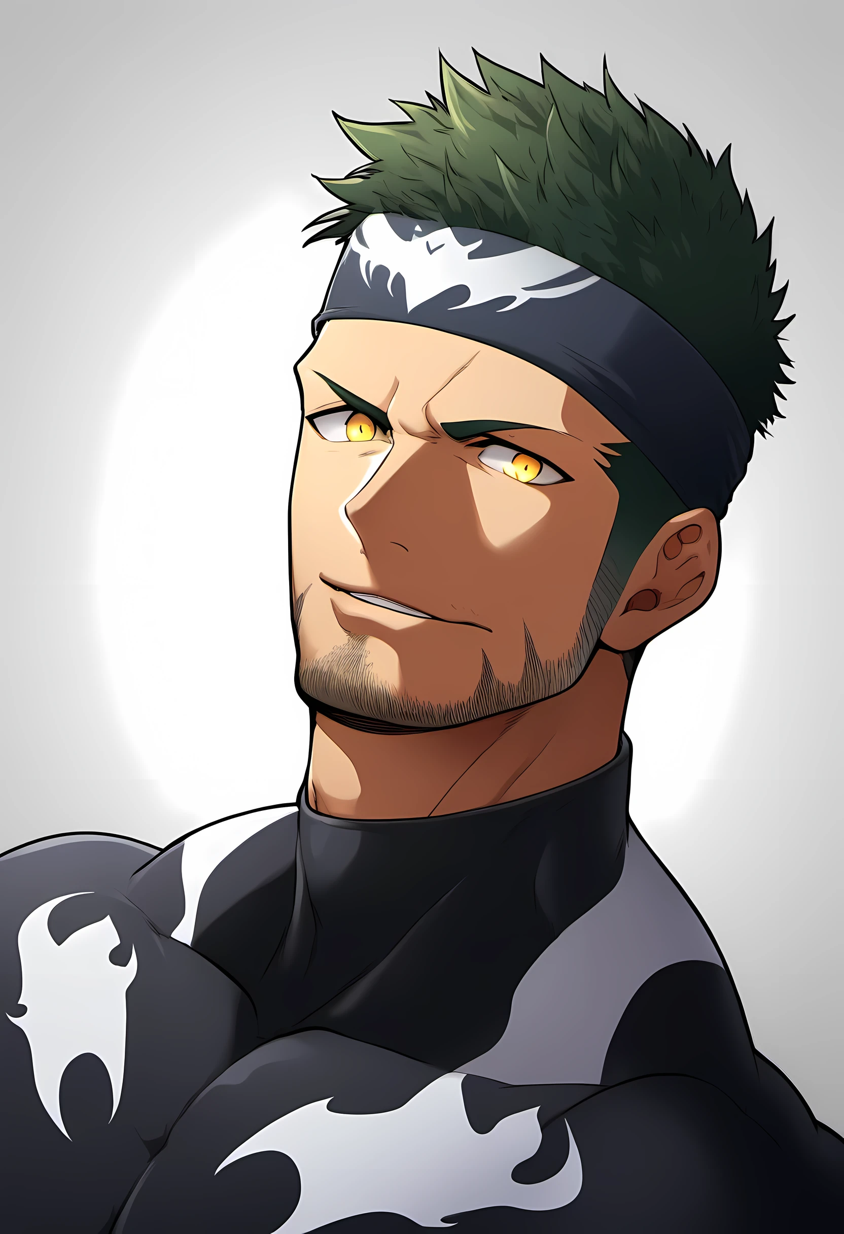 anime characters:Priapus in Venom Tights, black sports headband, 1个年轻的muscular man, male focus, buzz clip, White Venom Skinny Suit, venom logo, muscular man, extra large breasts, only, Upper body, alone, short yellow hair, stubble, yellow eyes, blink, White background, simple background, amazing quality, best aesthetics, Ridiculous, bright pupils, short hair, naughty face, torogao, open lips, best quality