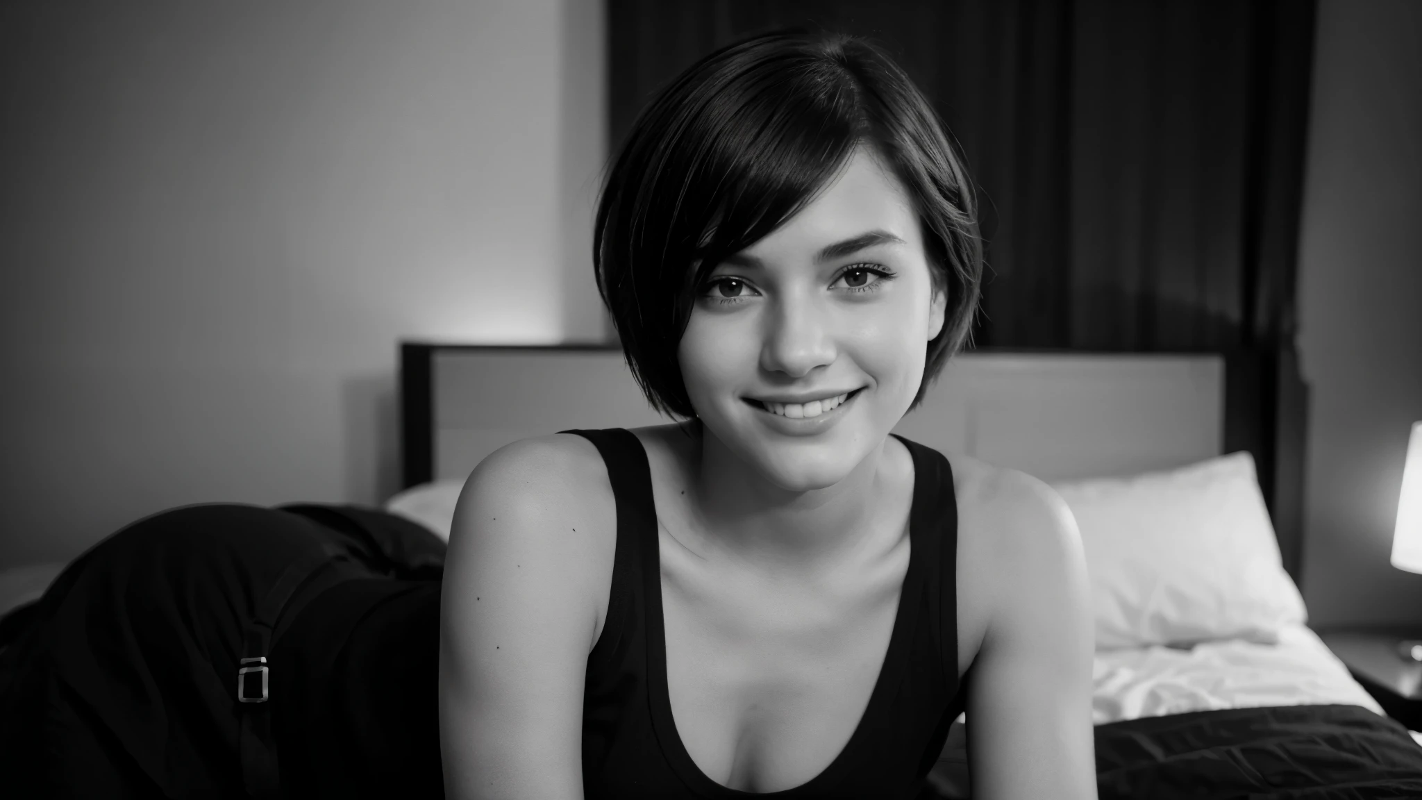 American Girl , Age 18 , beautiful face , photography , seductive smile , good lighting background , cool outfit , short hair , black and white style