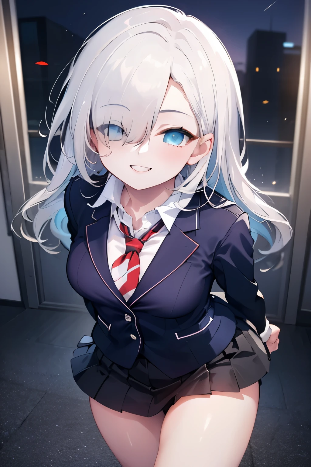 ((best quality)), ((work of art)), (detailed), perfect face, white_hair ((covering one eye)), smiling, blue_eye, tilted forward, arms behind the back, school clothes, black blazer, thigh-length skirt, hands hidden, better quality, detalhed.