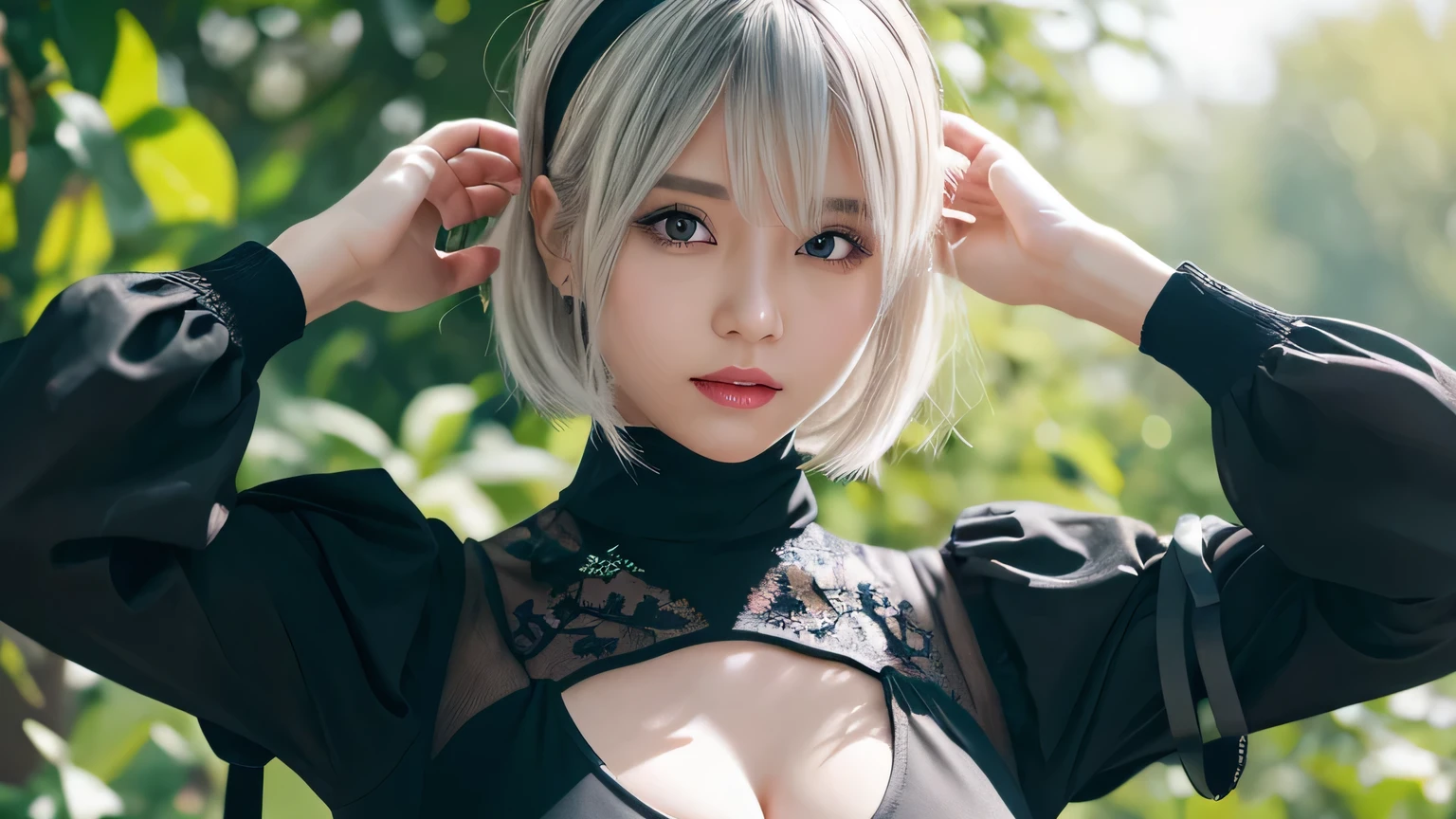 realistic, photorealistic, 1 girl, YoRHa type B, chest, cleavage, cleavage cutout,  cleavage　chest元　translucent black embroidery、black costume、clothing clippings, green background, hair between eyes, hair band, High resolution, juliet sleeves, long sleeve, NieR (series), NieR automata, plump sleeves, red lips, face with shadow, short hair, alone, black turtleneck, ruffle skirt, Upper body, silver hair, blue sky、looking at camera、healthy