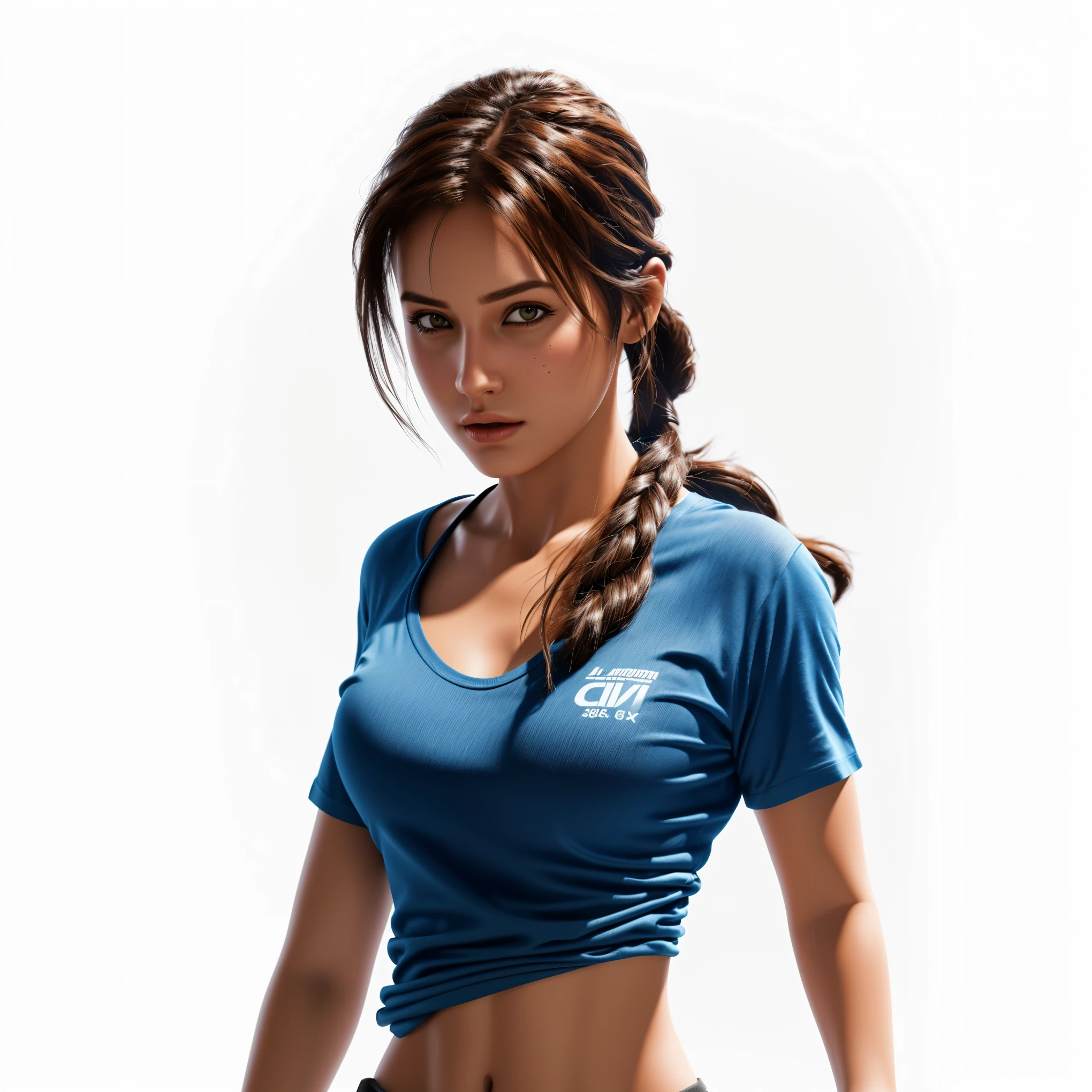 T-shirt logo, splendid painting, Lara Croft, Tomb Raider beautiful, shaggy hair, epic digital art illustration, 4k detailed digital art, high definition art, video game digital art, full body, blue blouse, backpack, art background , an ultra realistic 3D complex graphic, no text, painting, cinematic, 3D rendering, typography, black background without text on t-shirt, 8k, high resolution, highly detailed 4k digital art
