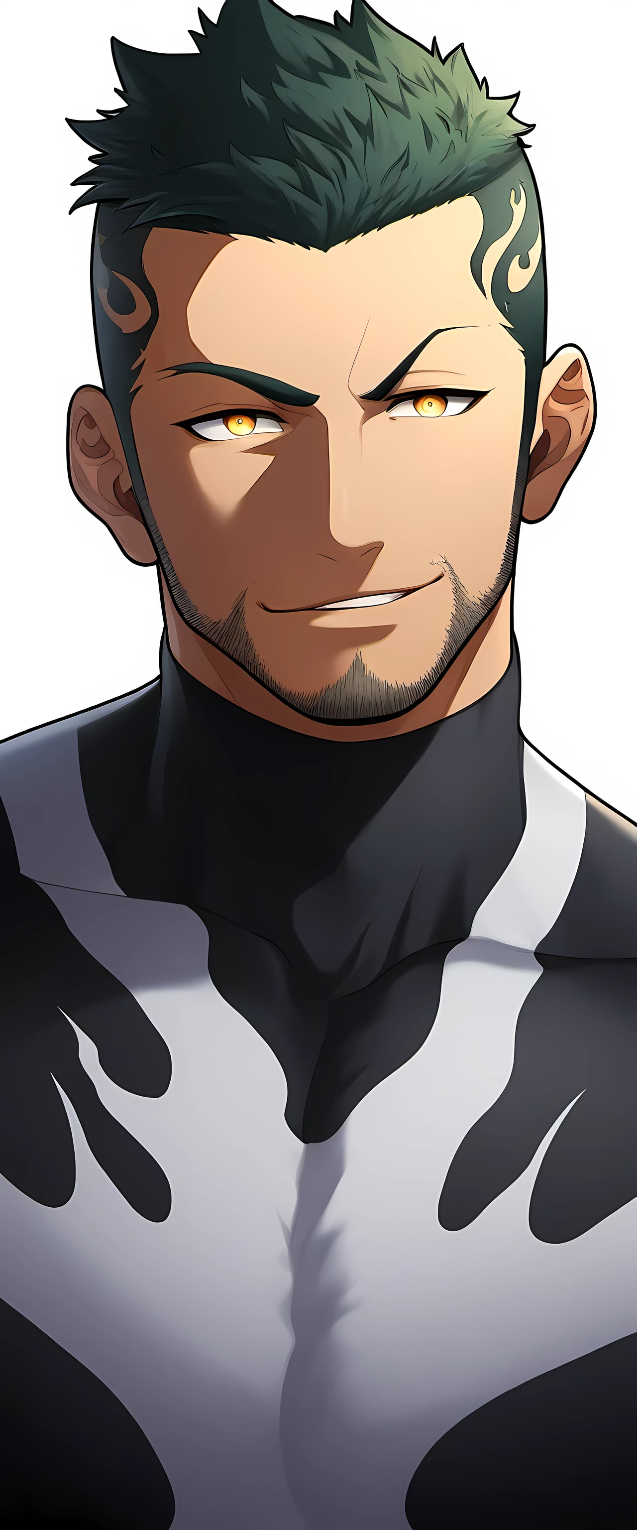 anime characters:Priapus in Venom Tights, black sports headband, 1个年轻的muscular man, male focus, buzz clip, White Venom Skinny Suit, venom logo, muscular man, extra large breasts, only, alone, short yellow hair, stubble, yellow eyes, blink, White background, simple background, amazing quality, best aesthetics, Ridiculous, bright pupils, short hair, naughty face, torogao, open lips, best quality
