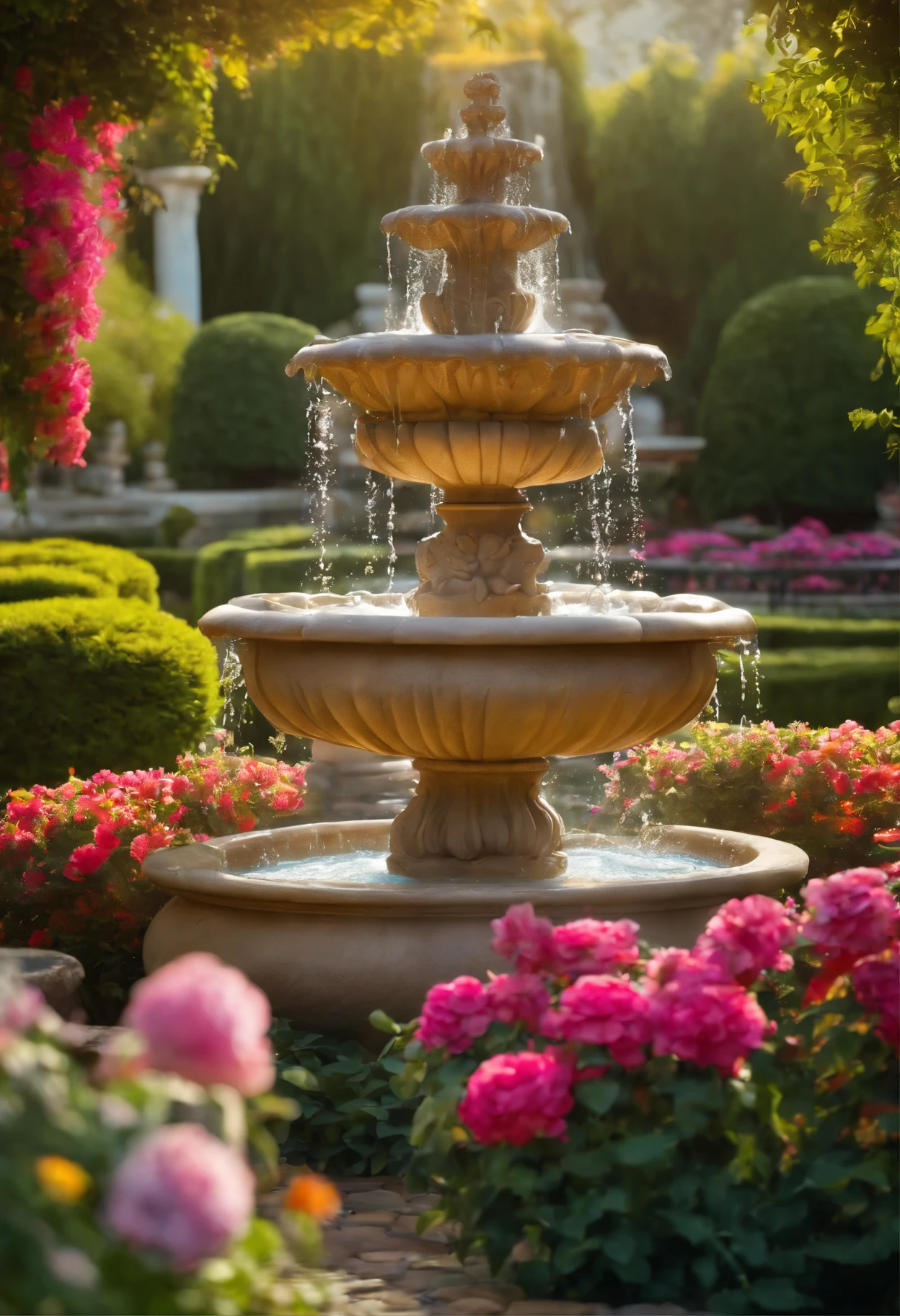 In a fantasy garden, a water fountain stands tall among several vibrant flowers. The garden is a masterpiece, meticulously detailed and crafted with the best quality. The scene is captured in high resolution 8K, ensuring every intricate detail is preserved. The flowers in the garden bloom in a mesmerizing array of colors, creating a breathtaking display of beauty. The water fountain, the centerpiece of the garden, glistens under the sunlight, cascading water in a graceful dance. The garden exudes a sense of tranquility and enchantment, inviting viewers to immerse themselves in its magical atmosphere. The lighting in the garden accentuates the vibrant colors of the flowers, casting soft shadows and adding depth to the scene. The delicate petals of the flowers are rendered with utmost precision, showcasing the artist's attention to detail. The water fountain is crafted with realistic textures and lighting, creating a truly immersive experience. This vibrant and vivid garden painting transports viewers to a world of fantasy and wonder.