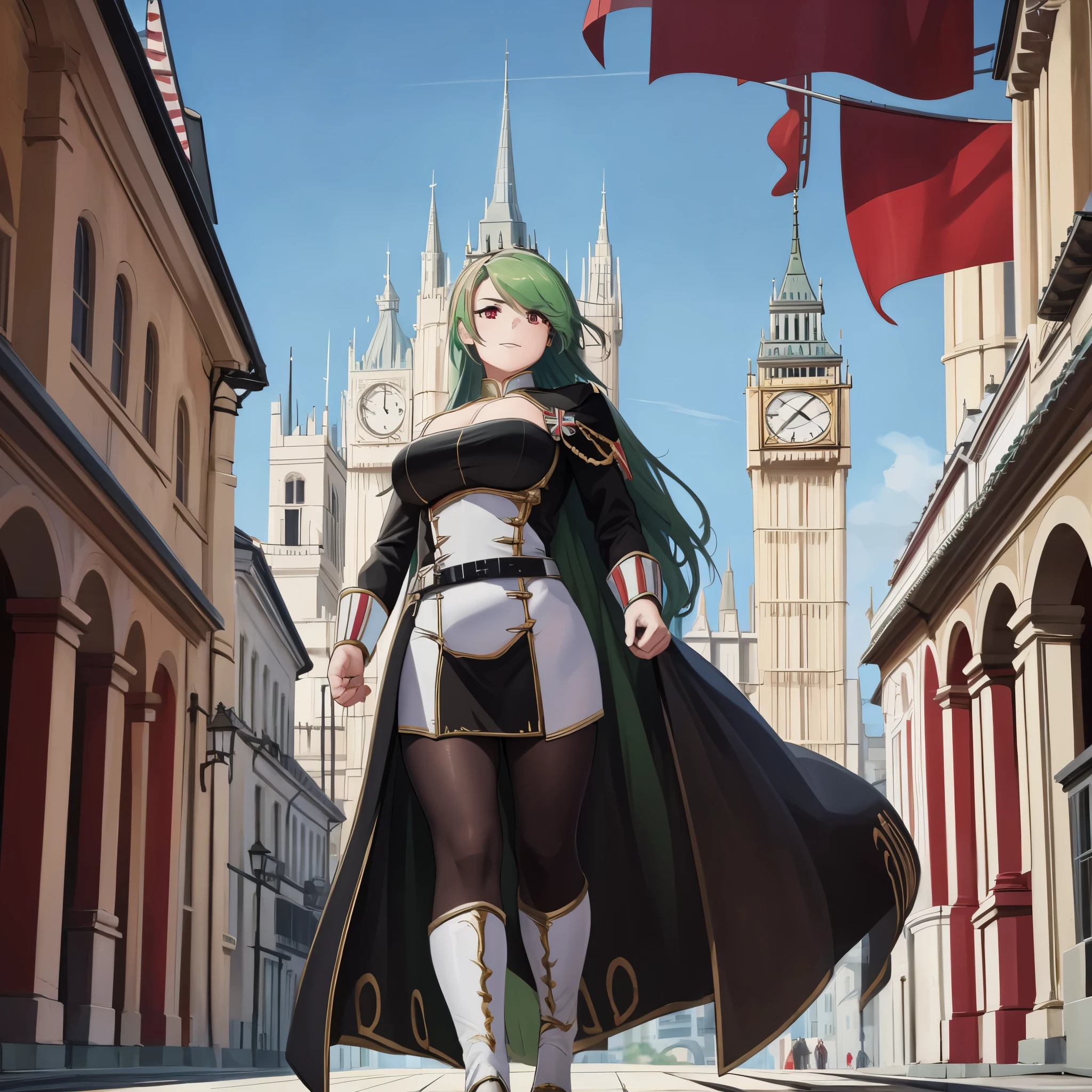 A woman wearing a low-cut black dress, long green hair, red eyes, walking in a city of London with the Big Ben Tower in the background, several royal guards with red uniforms with gold details in the background marching, decorations everywhere, during the day, sky blue
