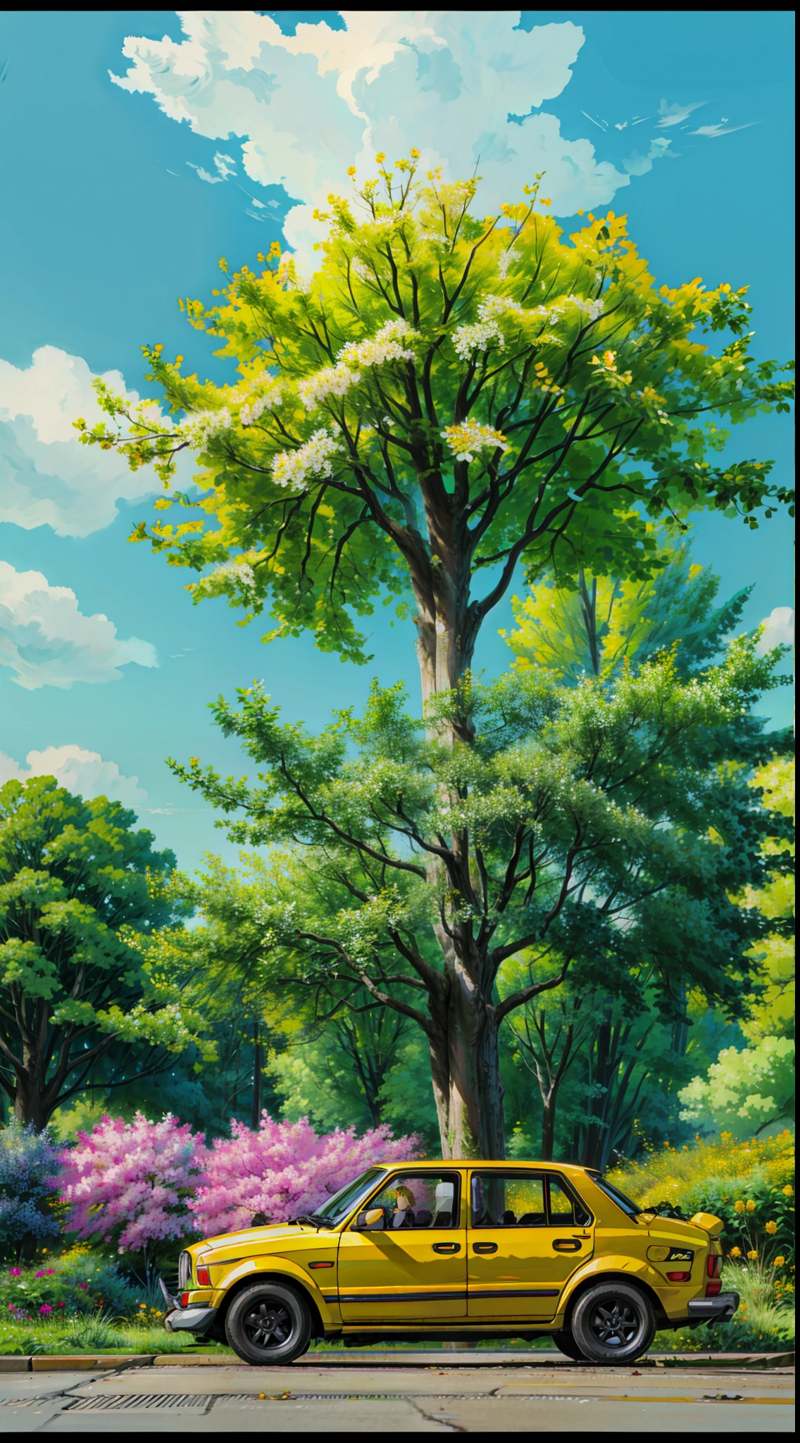 a painting of a yellow car parked in front of a tree with flowers, filled with flowers, colorful flowers on tree, Meadows, yellow colours, yellow colors, full view of a car, yellow school bus, yelow, a beautiful tree, the king in yellow, auto photography, yellow lightning, king in yellow, old car, colors: yellow, the yellow creeper, golden sacred tree, car, car, yellow and blue, shades of yellow, 4k hd,, illustration, anime style, beautiful art uhd 4 k, a beautiful artwork illustration, beautiful digital painting, highly detailed digital painting, beautiful digital artwork, detailed painting 4 k, very detailed digital painting, rich picturesque colors, gorgeous digital painting
