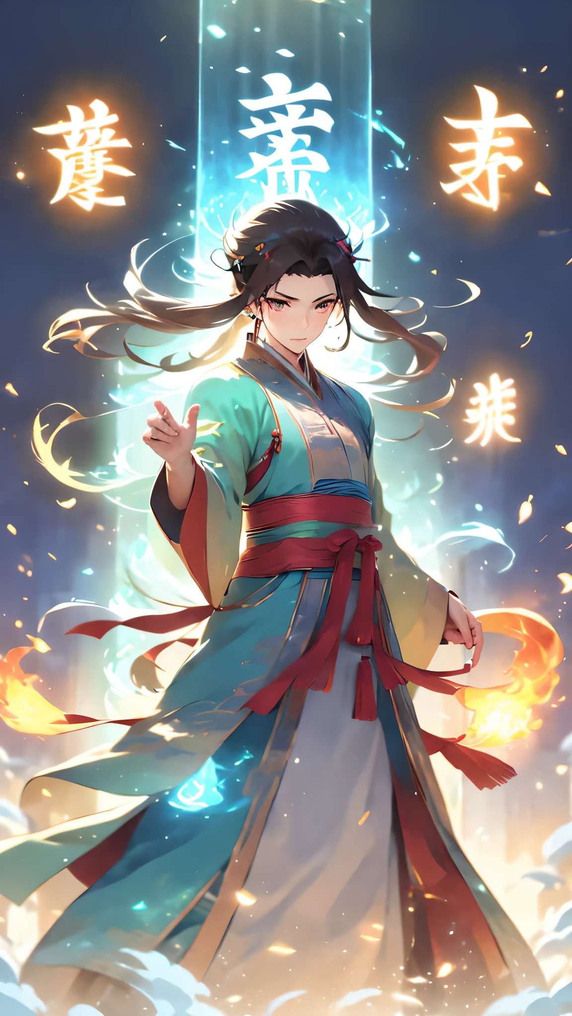 (masterpiece, best quality:1.2), 1boy, dynamic posture wearing Hanfu, long hair,Upper body, glowing text, transparent text, energy text, energy fluid, glowing, Fire, flame, flame fluid,dawn, light particle effect, floating energy scroll, blue energy, best quality, masterpiece, 8k,transparent text, negative_hand